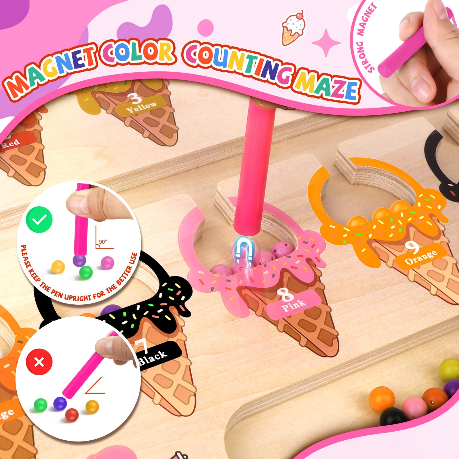 Magnetic wand guiding beads through ice cream cone maze