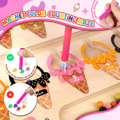 Magnetic wand guiding beads through ice cream cone maze