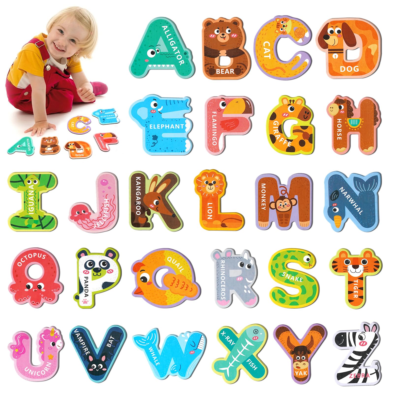 26-piece magnetic letters for Toddlers 1-3 with animal illustrations
