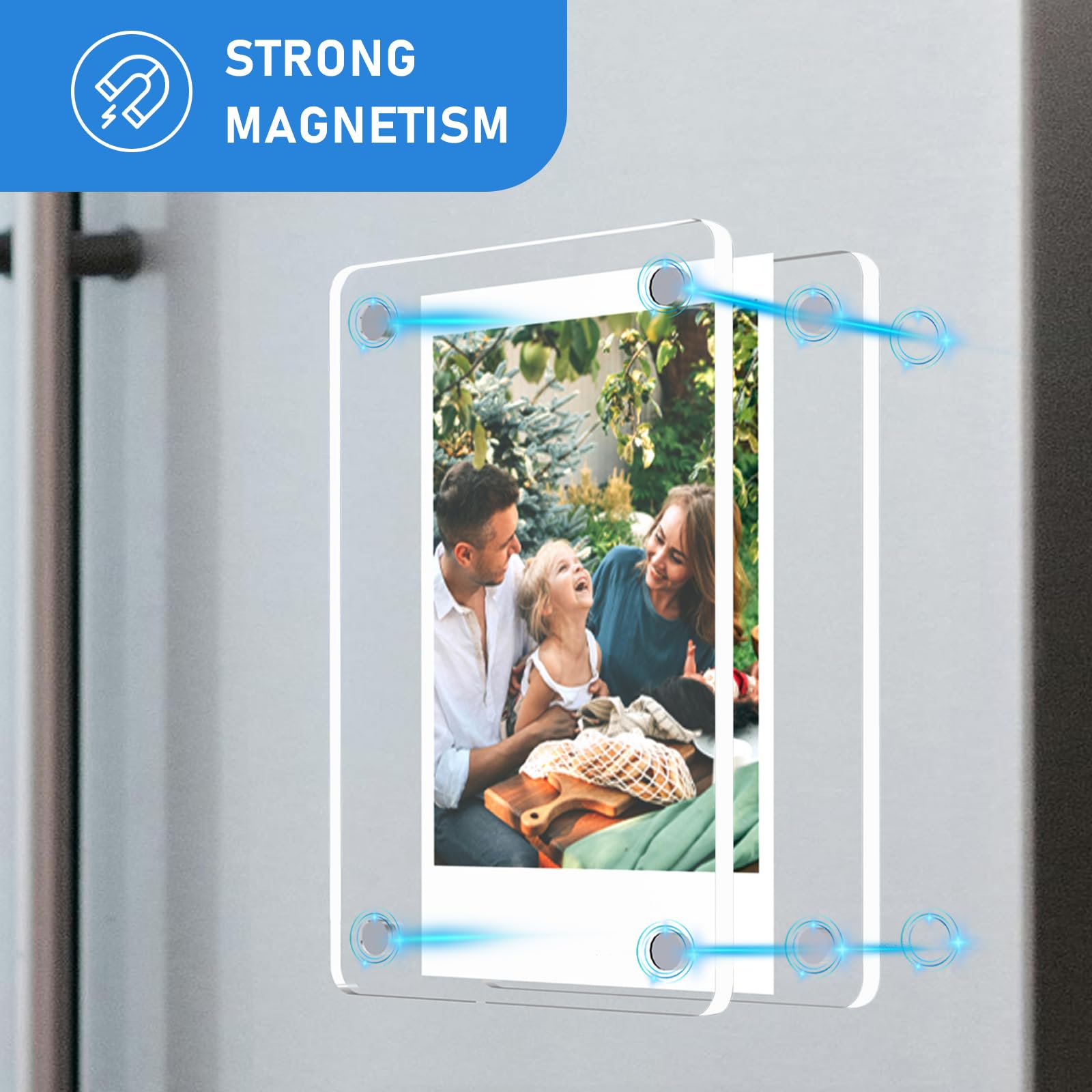Magnetic frame for Fujifilm Instax displayed on metal surface