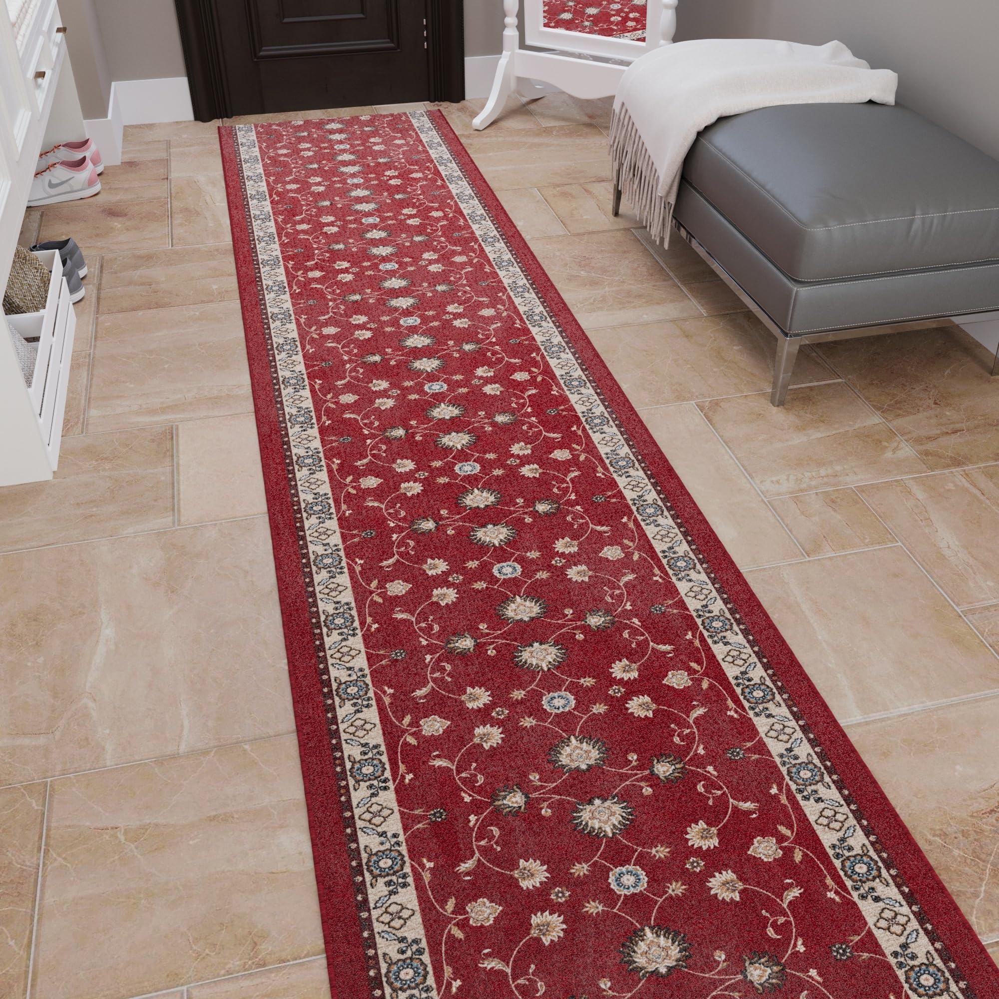 Mahal Red traditional Mahal motif on aisle runner rug