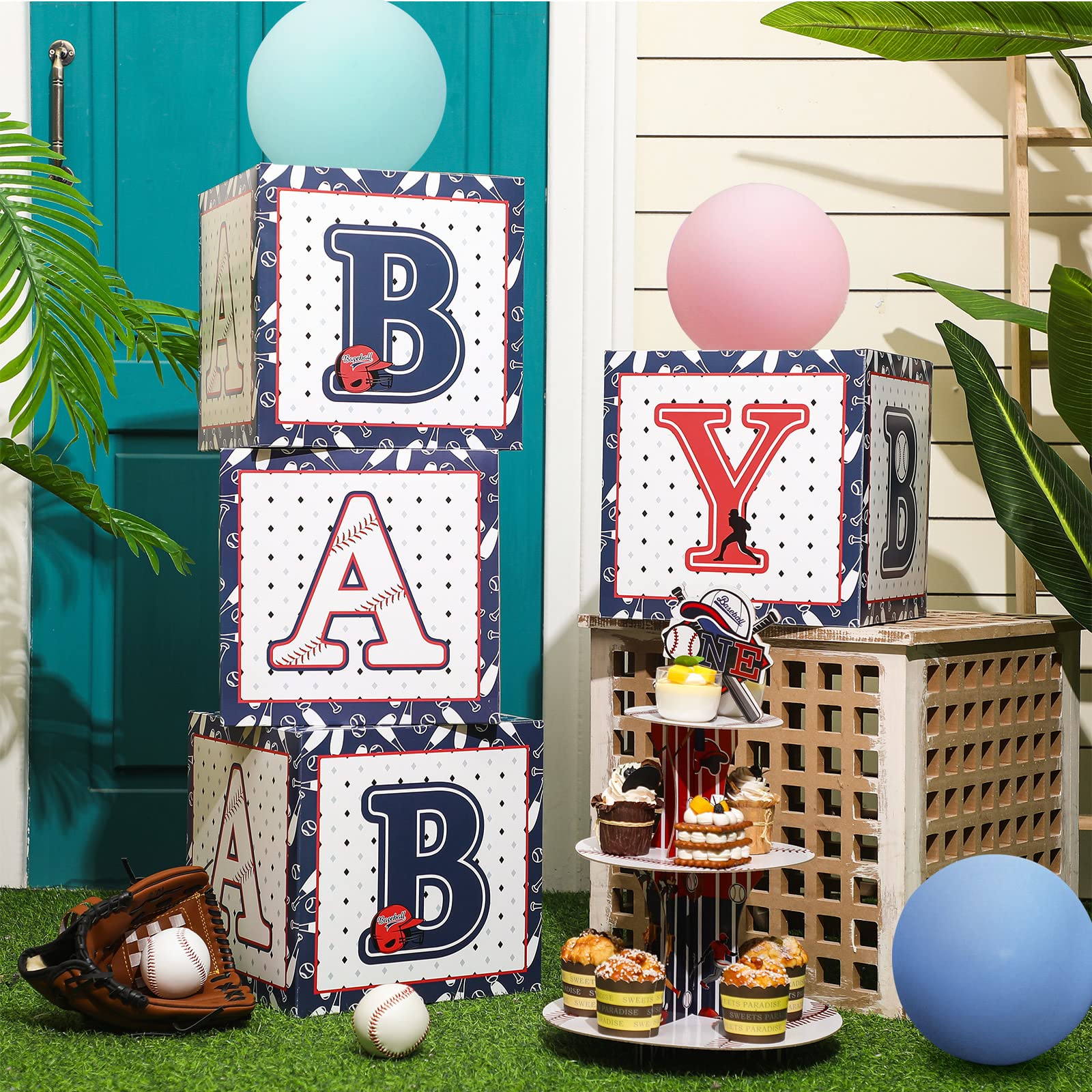 Baseball themed baby blocks for shower backdrop