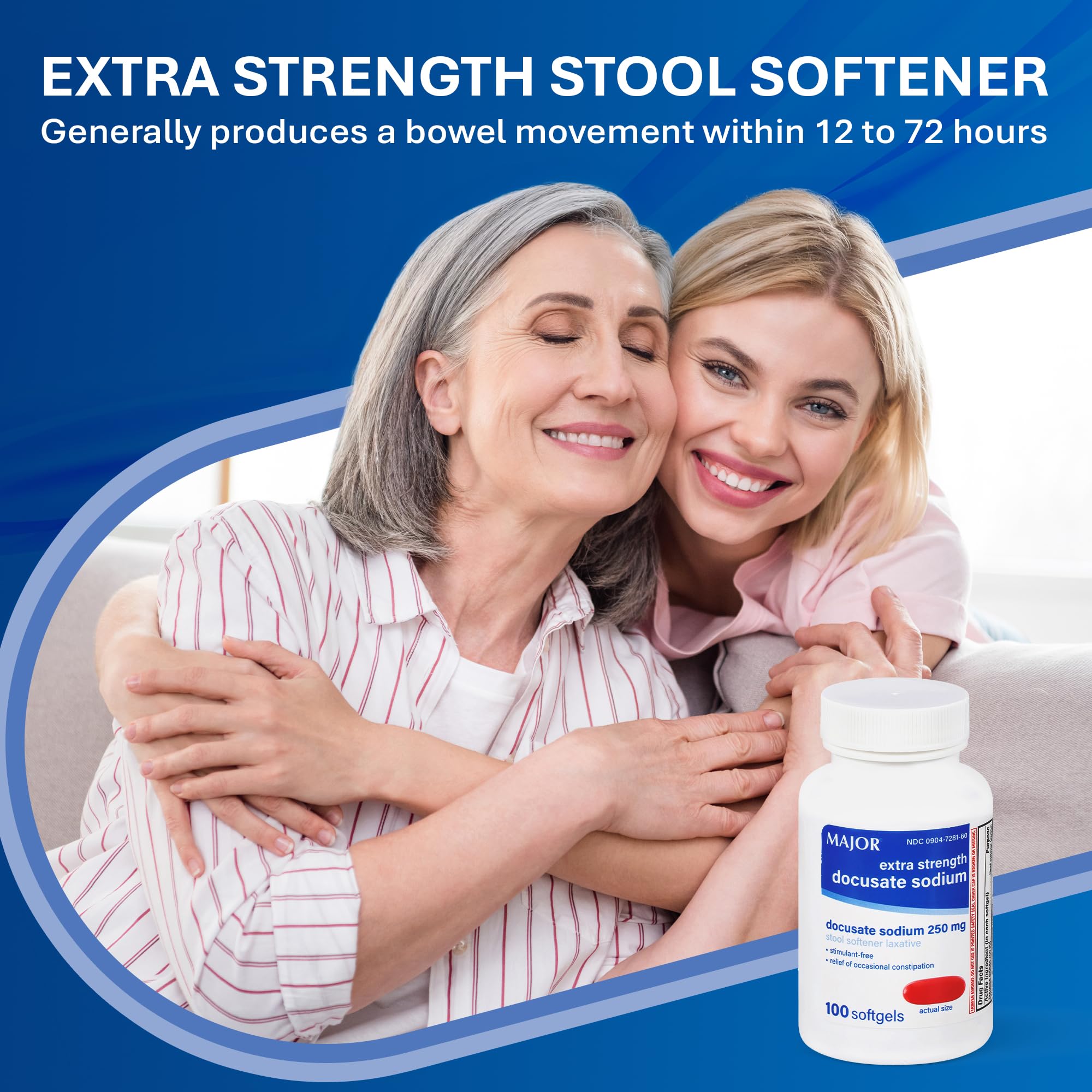 Docusate sodium 250mg softgel laxative bottle close up