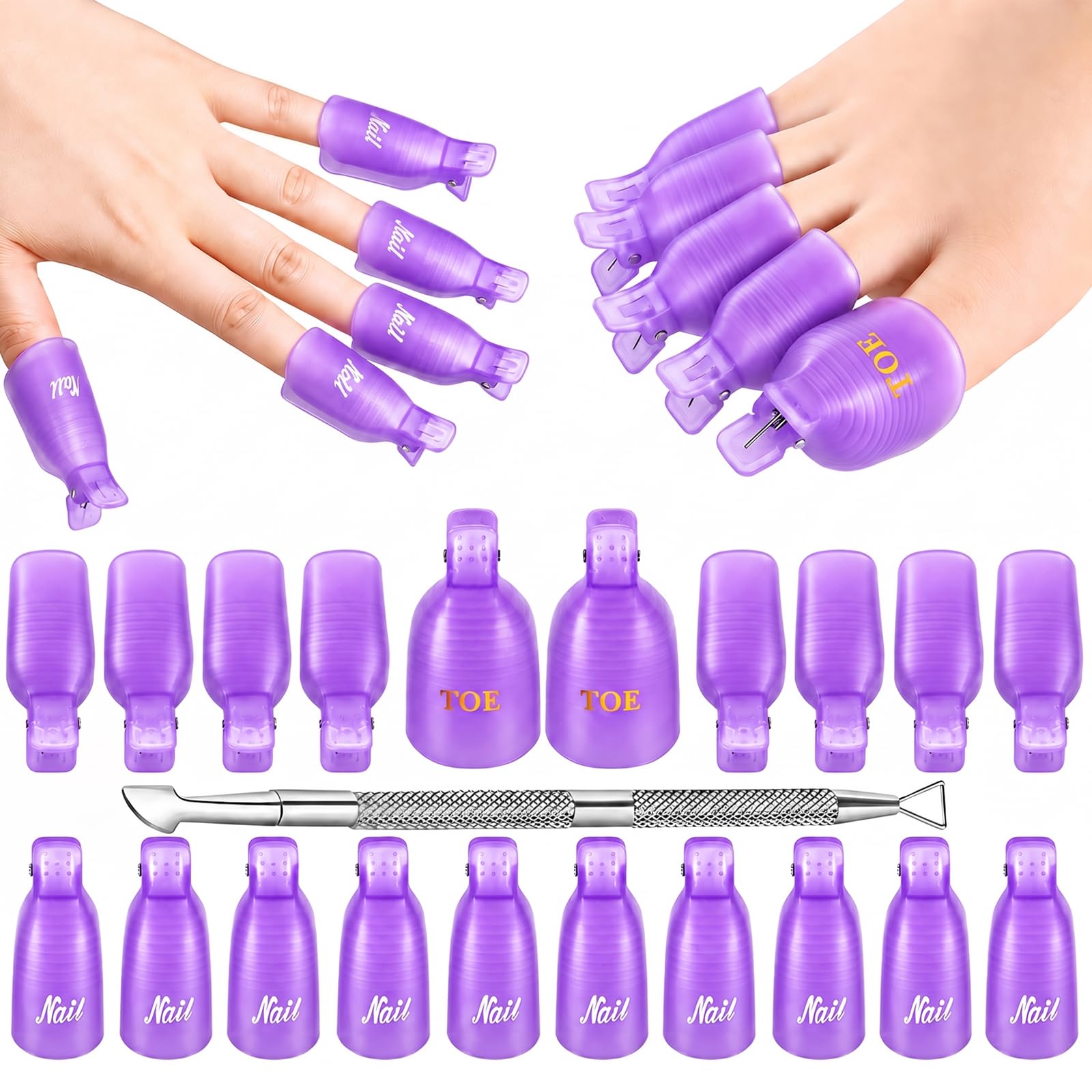 Makartt 20 Pcs Reusable Nail Remover Clips with Cuticle Pusher kit close view