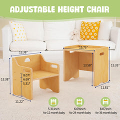 Three adjustable seat heights feature on toddler table and chair