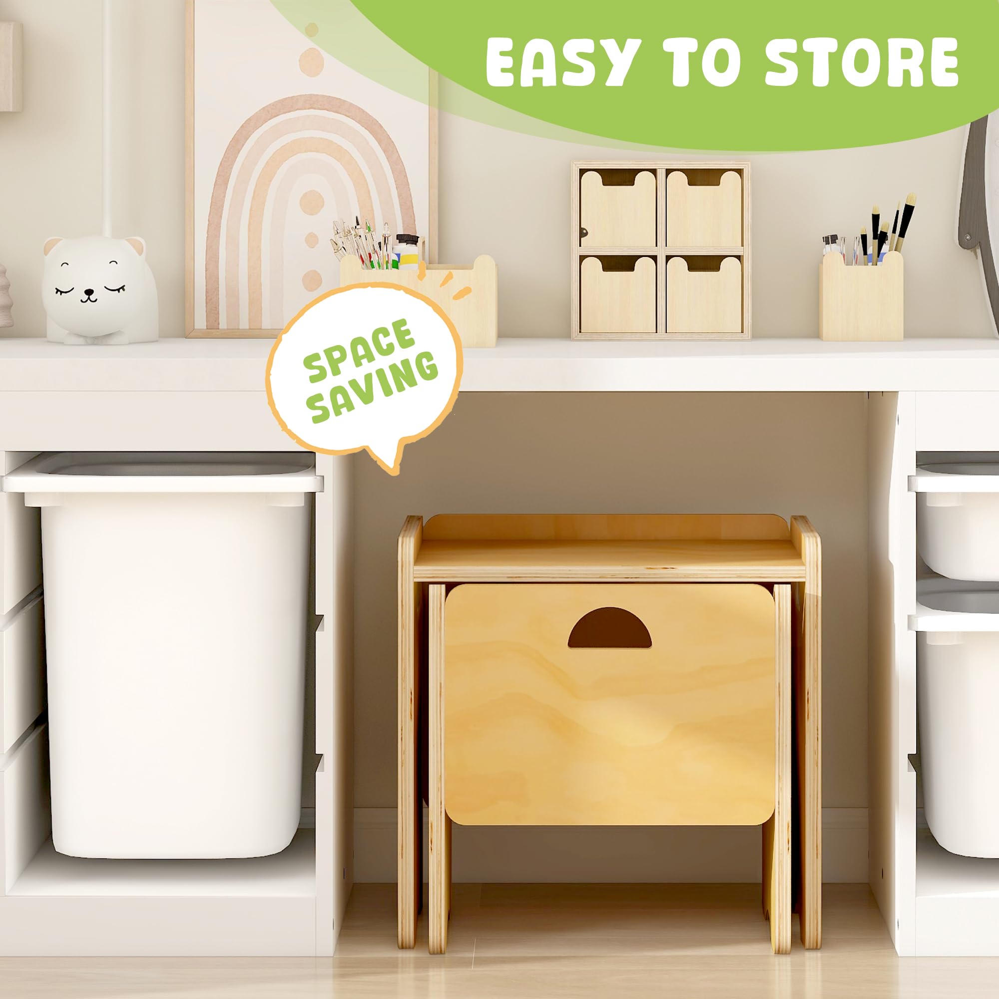 Compact natural wood finish toddler table and chairs displayed