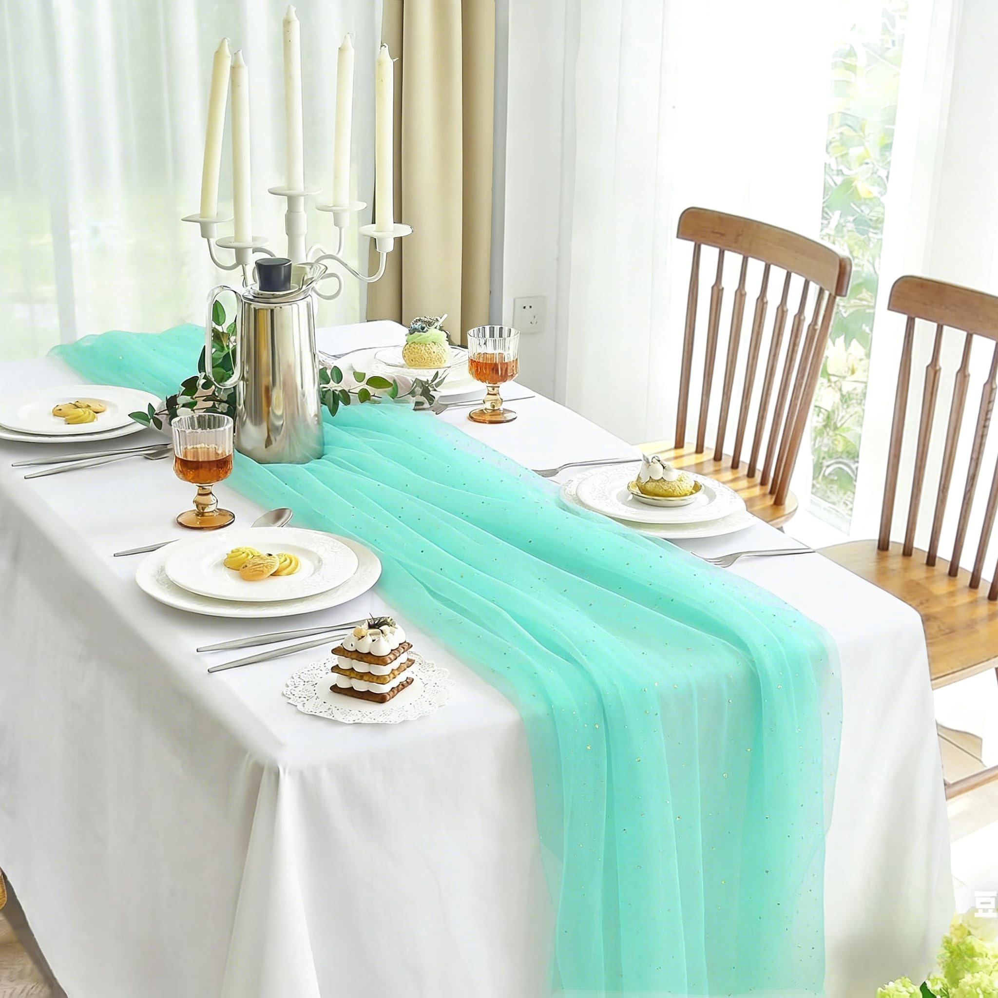 Glitter tulle table runner 27x120 inches Tiffany Blue