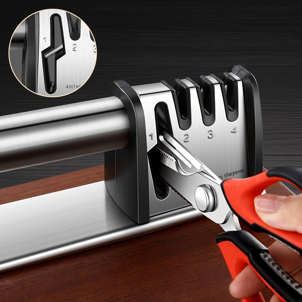 Manual knife sharpener with scissor slot demonstration