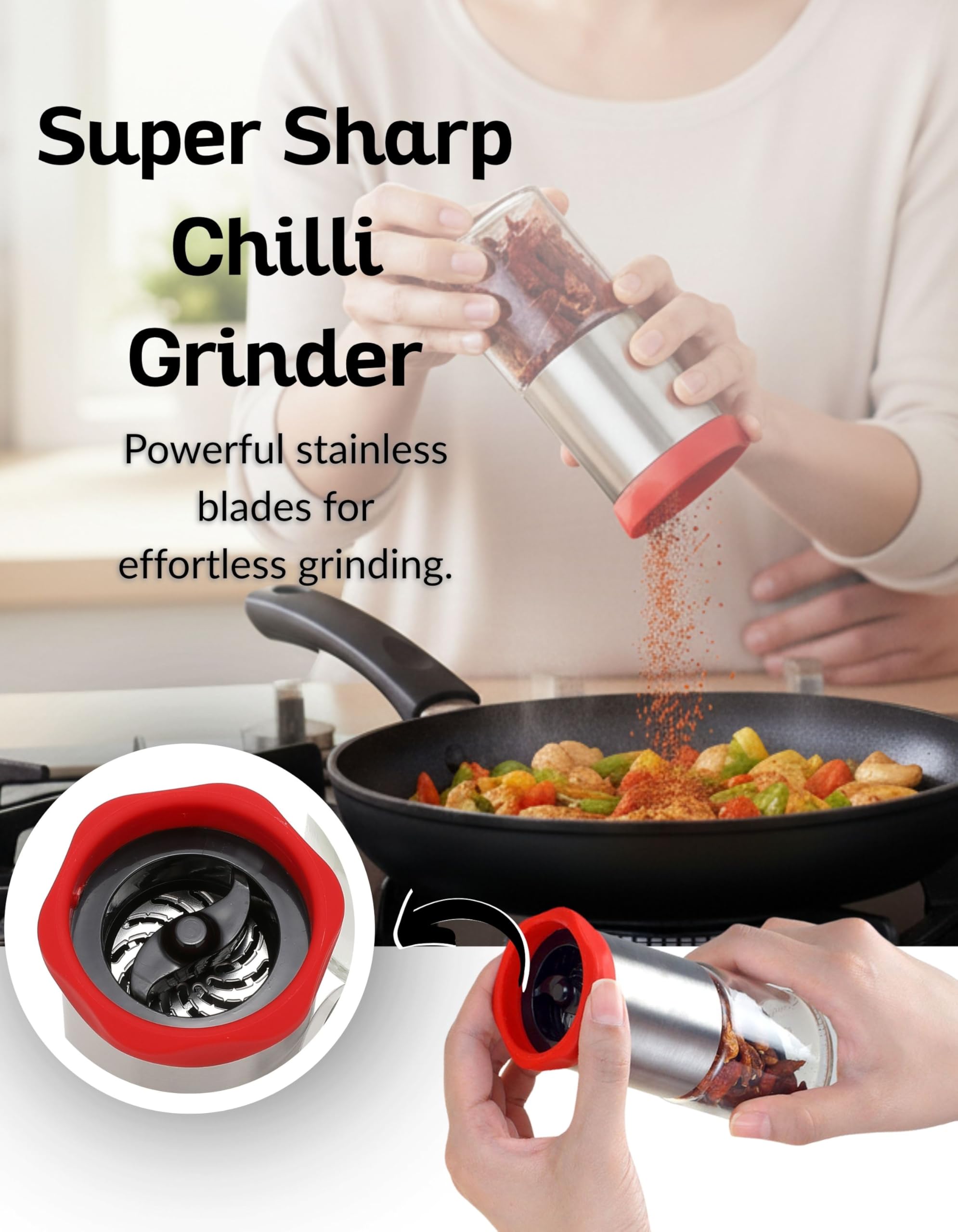 Manual spice grinder for dried chili peppers and herbs