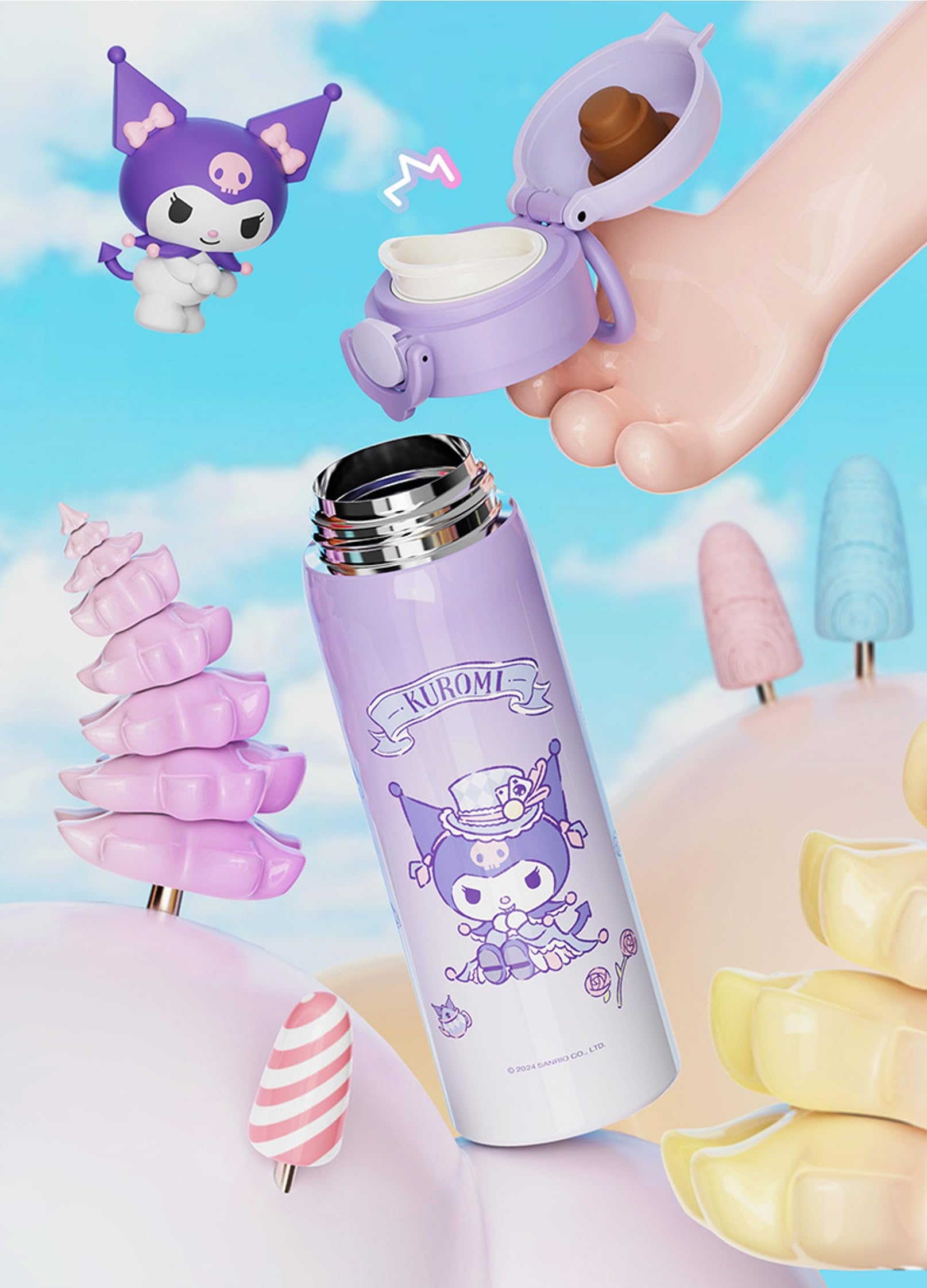 Kuromi insulated stainless steel bottle 500ml close up