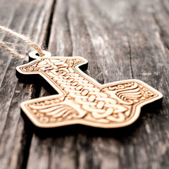 Mjölnir ornament raw wood 3x4in front view