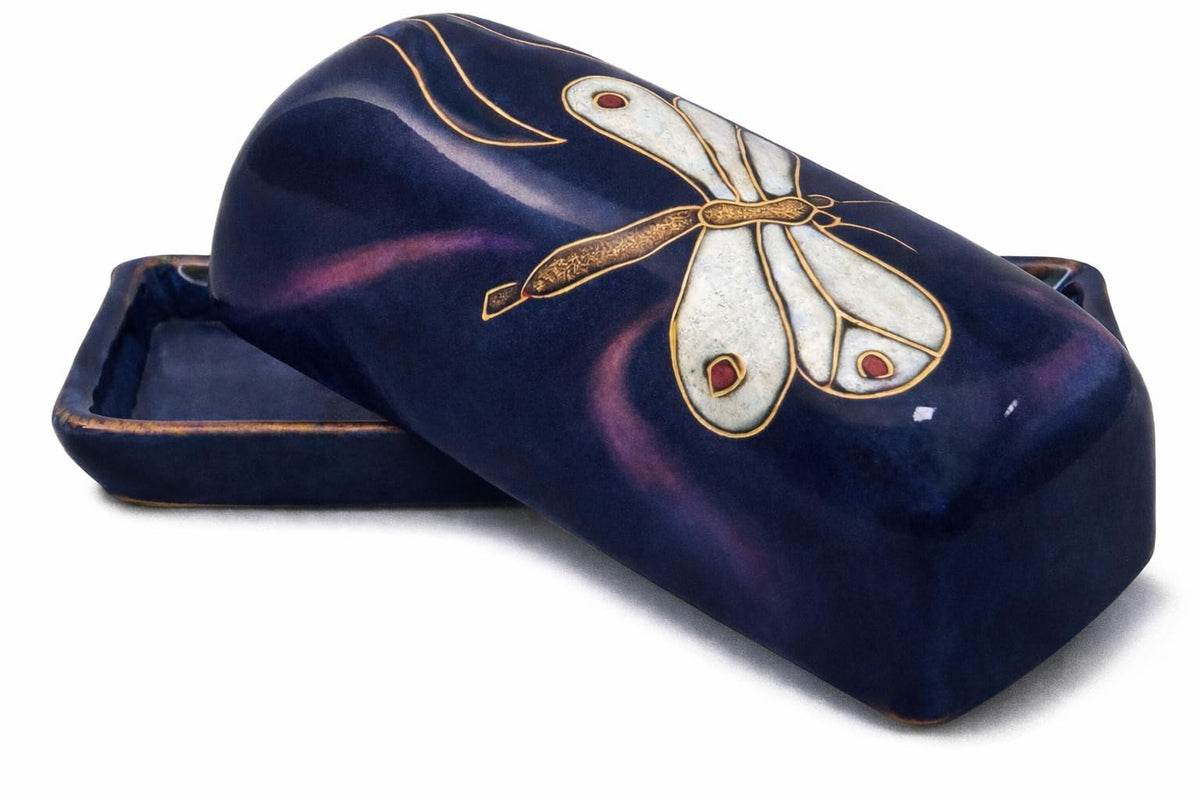 Mara Stoneware butter dish blue dragonfly design Mexican pottery