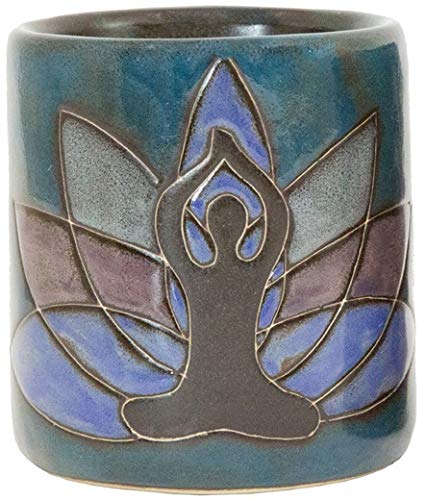 Holds 16oz and weighs about 1.5 lb in Mara Stoneware Yoga Meditation mug