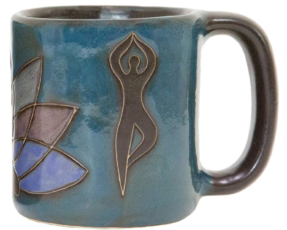 Mara Stoneware Yoga Meditation 16oz mug measures about 5 x 3.75 x 4.25 inches