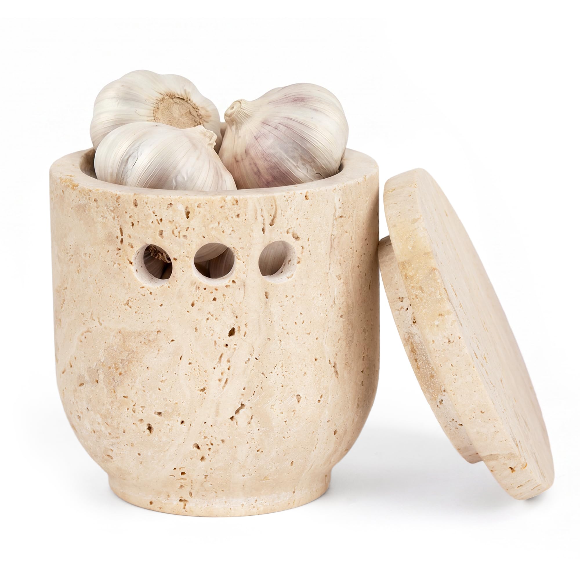 Marble Garlic Keeper 4.3 inch travertine holder on countertop