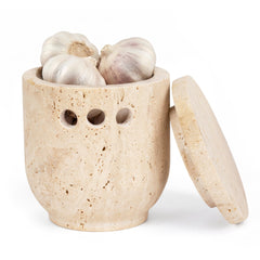 Marble Garlic Keeper 4.3 inch travertine holder on countertop