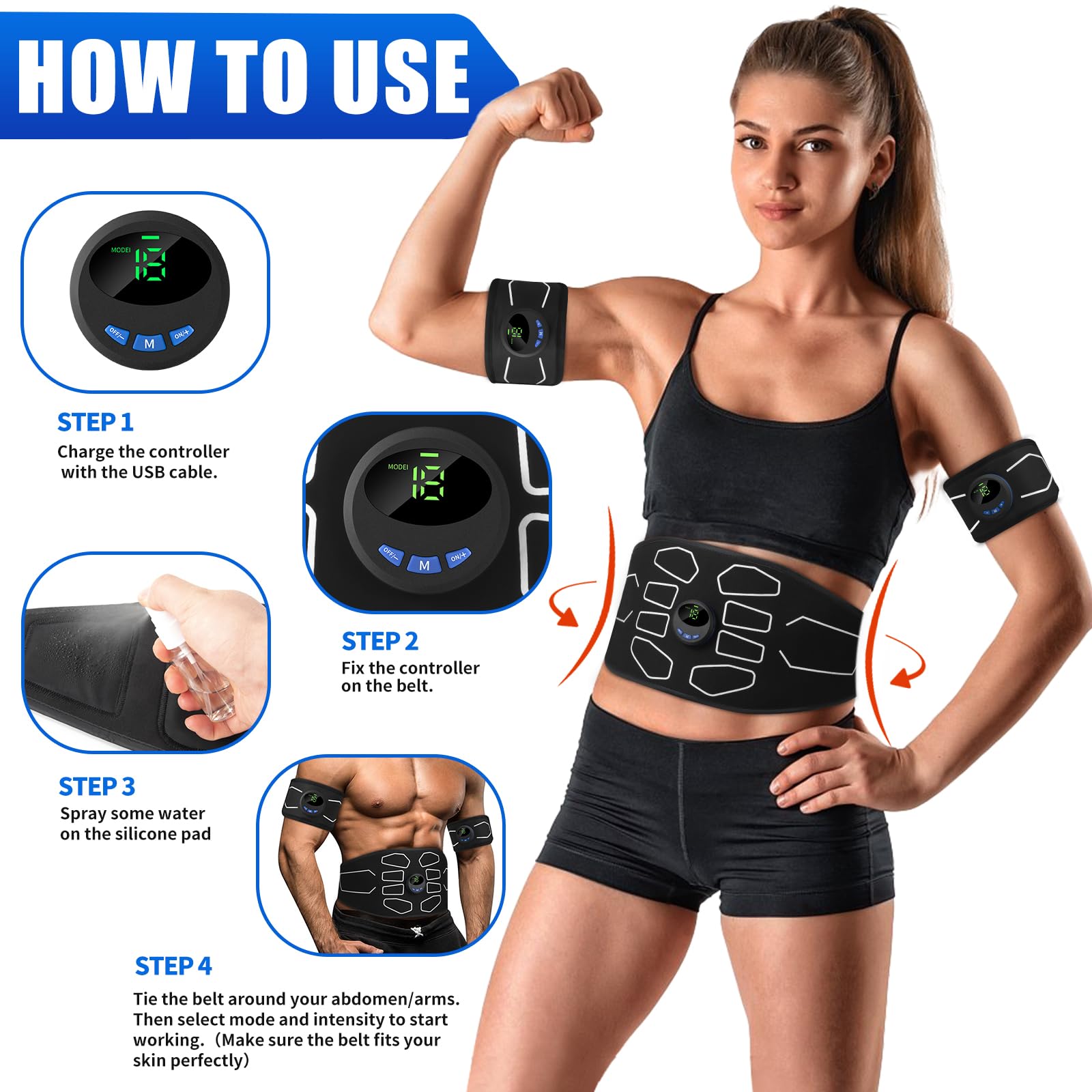 Muscle toner device showing belt and training modes image
