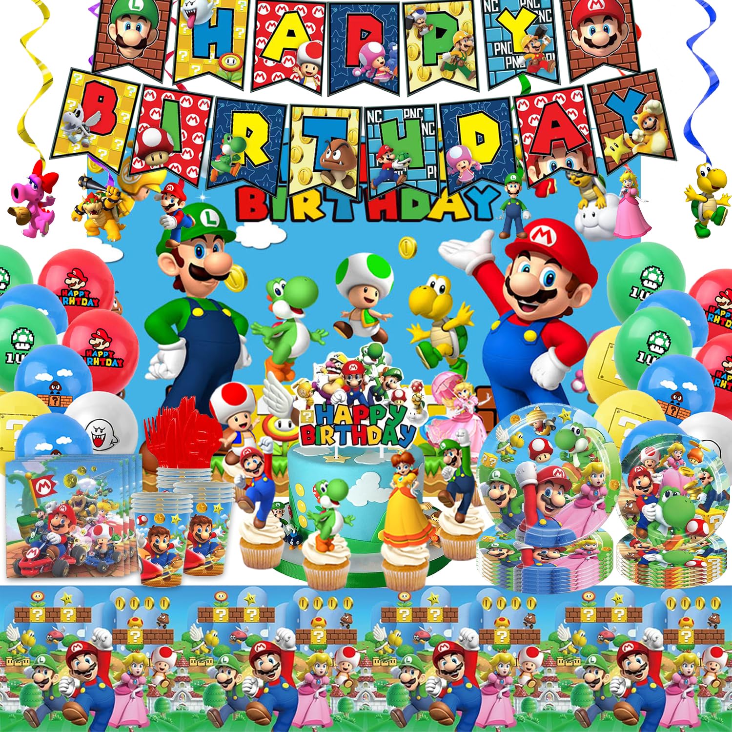 Banner and backdrop from Mario birthday party supplies Ultimate Kit