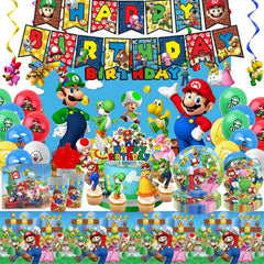 Banner and backdrop from Mario birthday party supplies Ultimate Kit