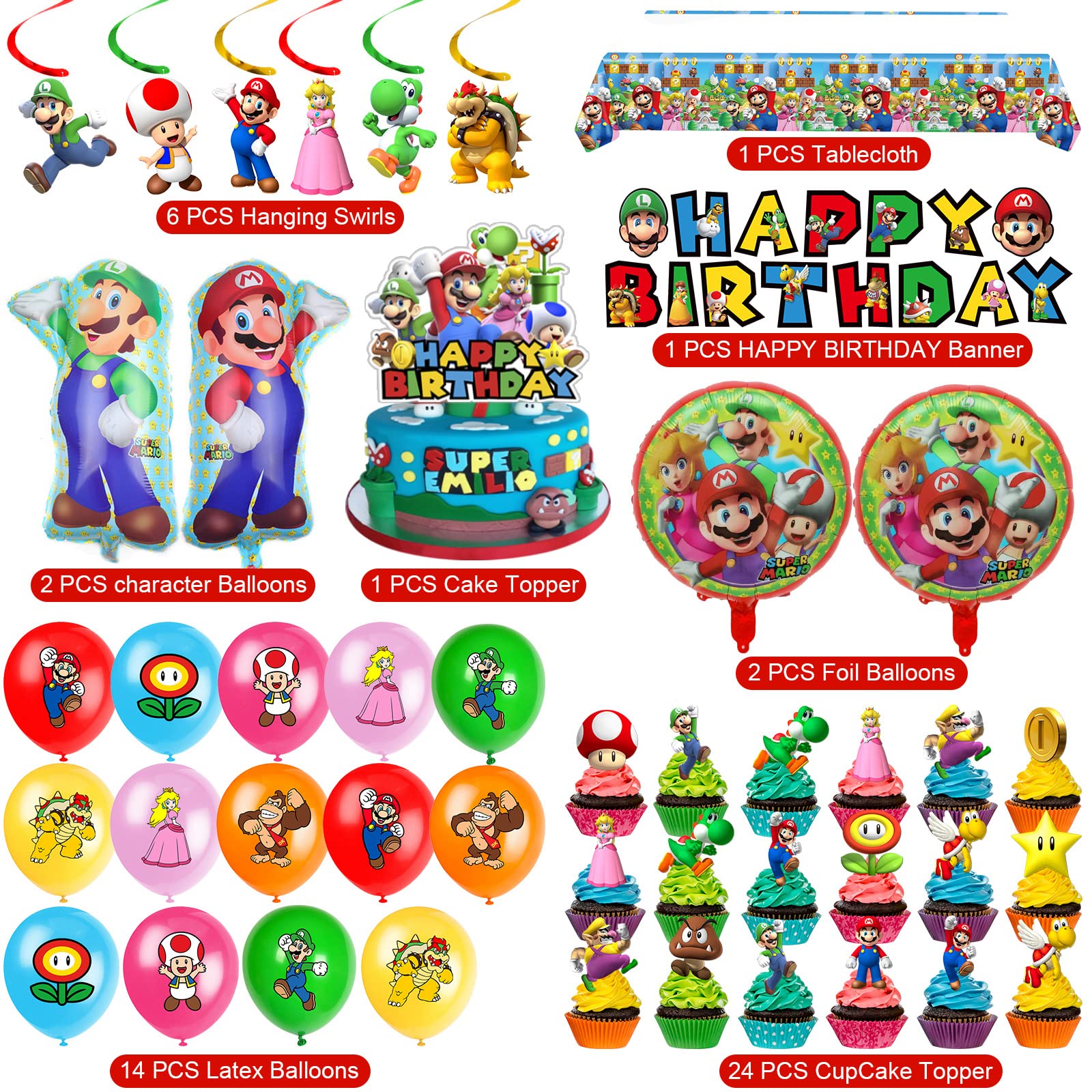 Mario themed party decorations with balloons hanging swirls and cupcake toppers