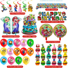 Mario themed party decorations with balloons hanging swirls and cupcake toppers