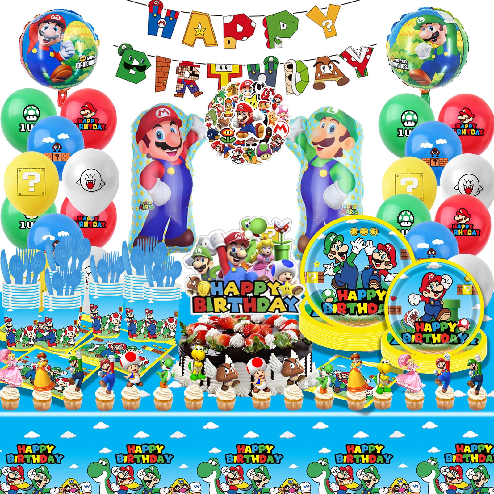 Mario Birthday Party Supplies kit with tablecloth and large cake topper