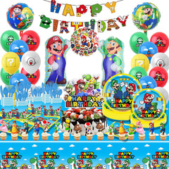 Mario Birthday Party Supplies kit with tablecloth and large cake topper