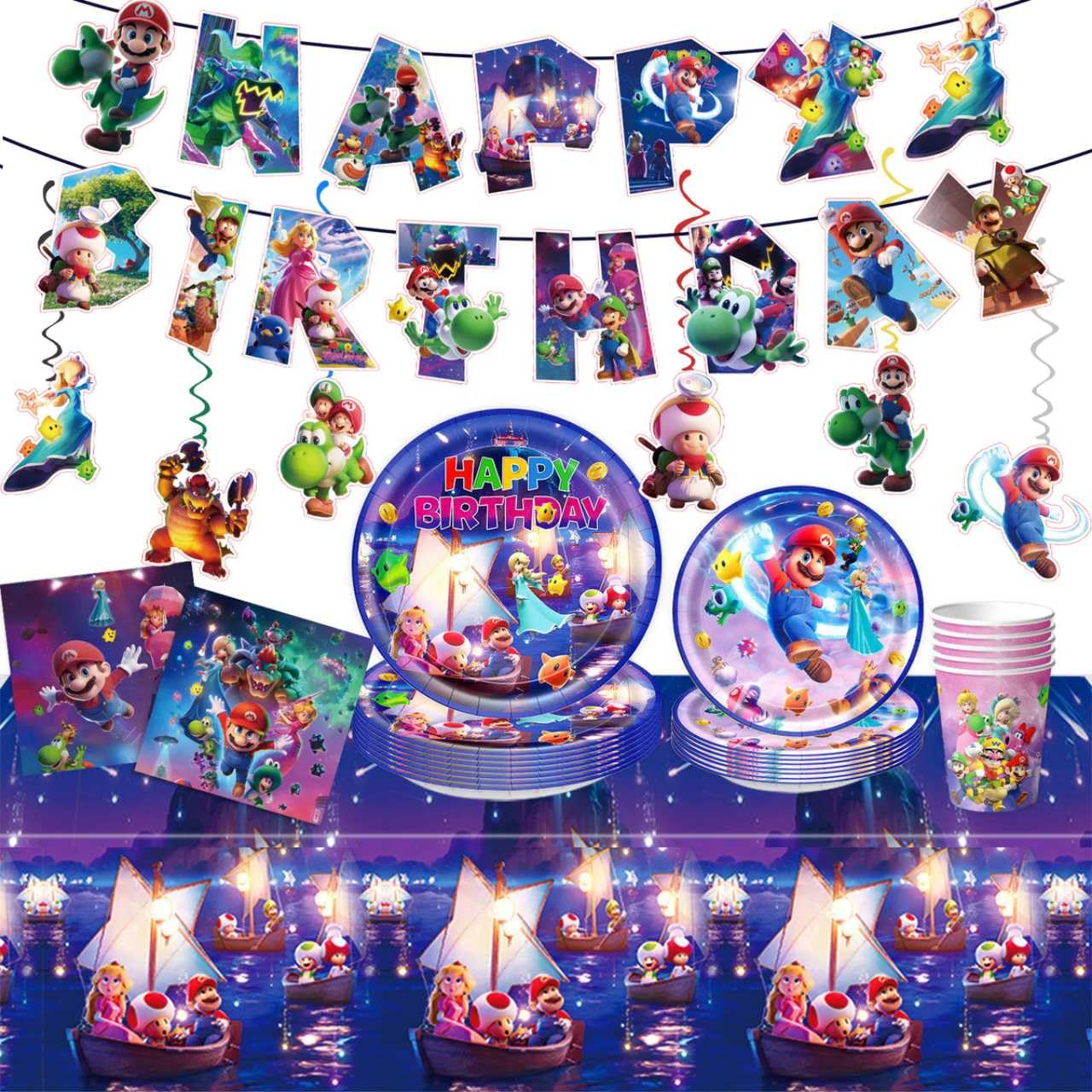 Mario party supplies 88pcs kit with napkins cups plates banner and tablecloth