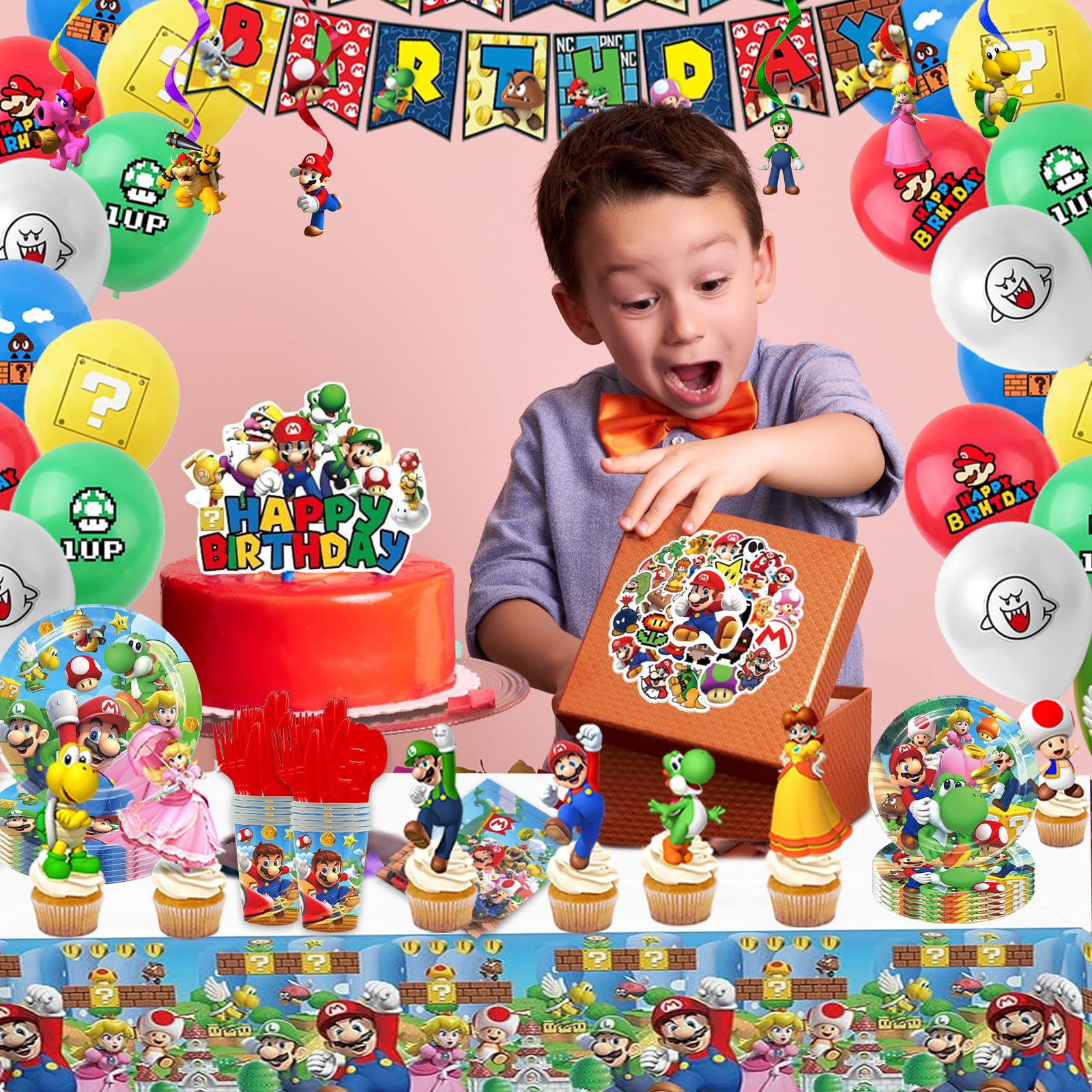 Assorted stickers from Mario party decorations set