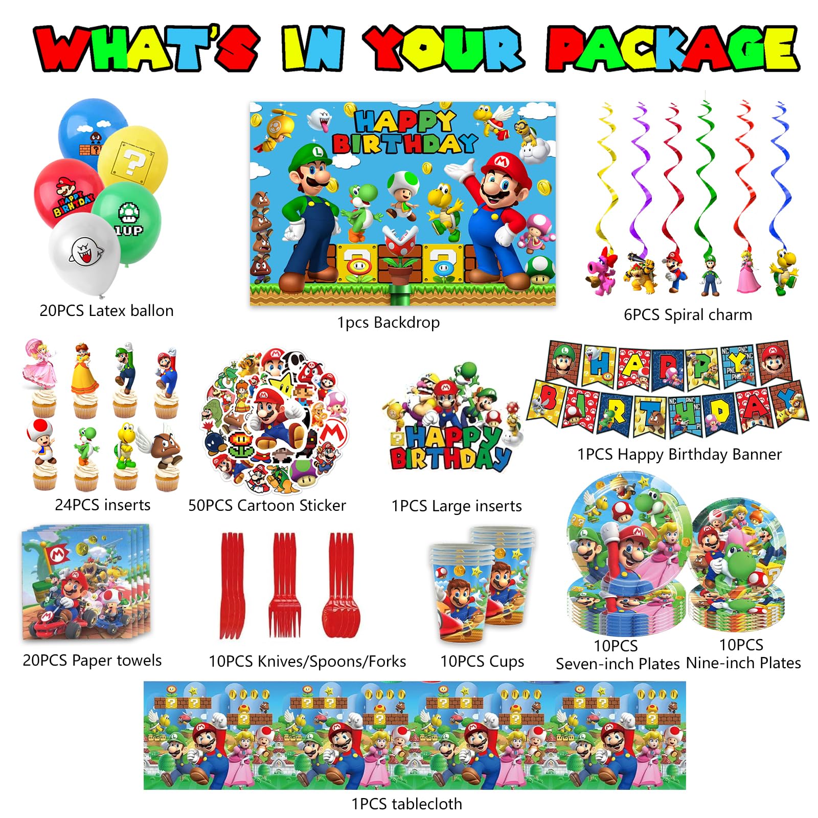 Tableware including plates napkins and cups from Mario kit