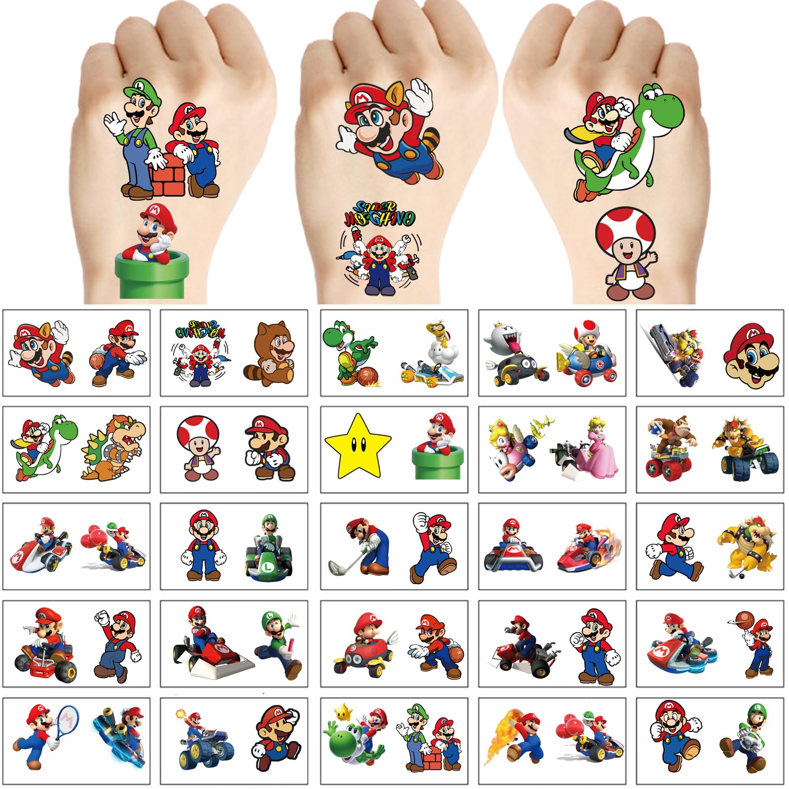 mario temporary tattoos 5x5 cartoon designs