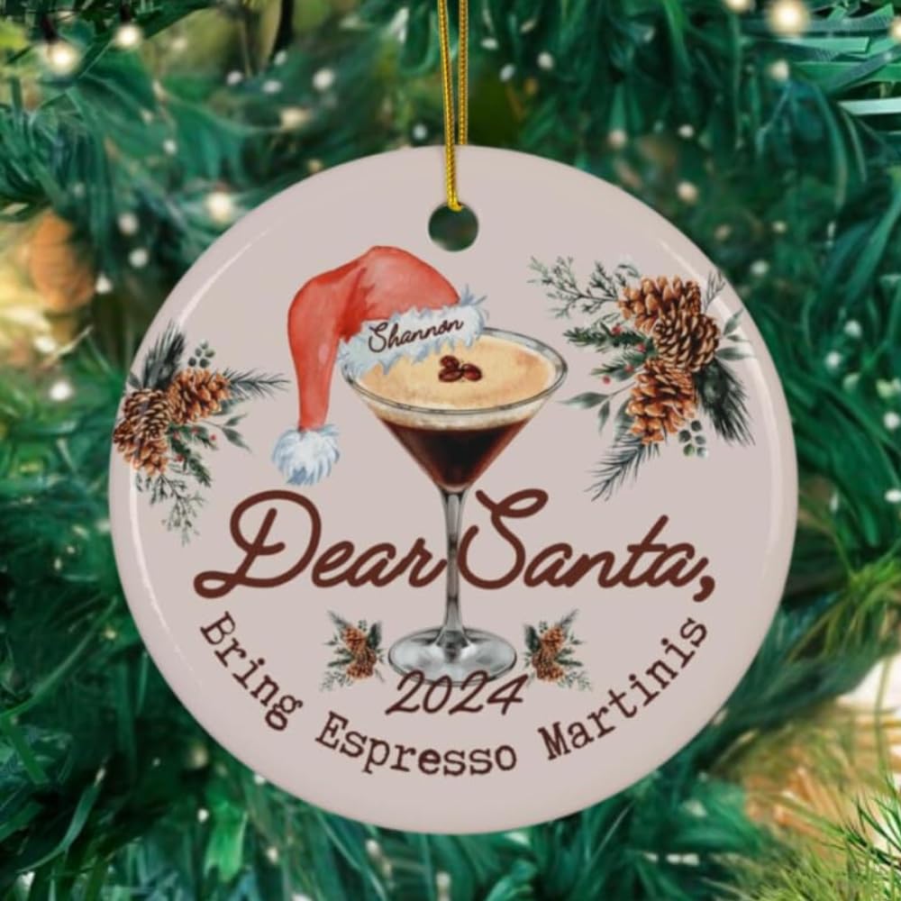 Espresso Martininis Ornament ready to hang with gold cord