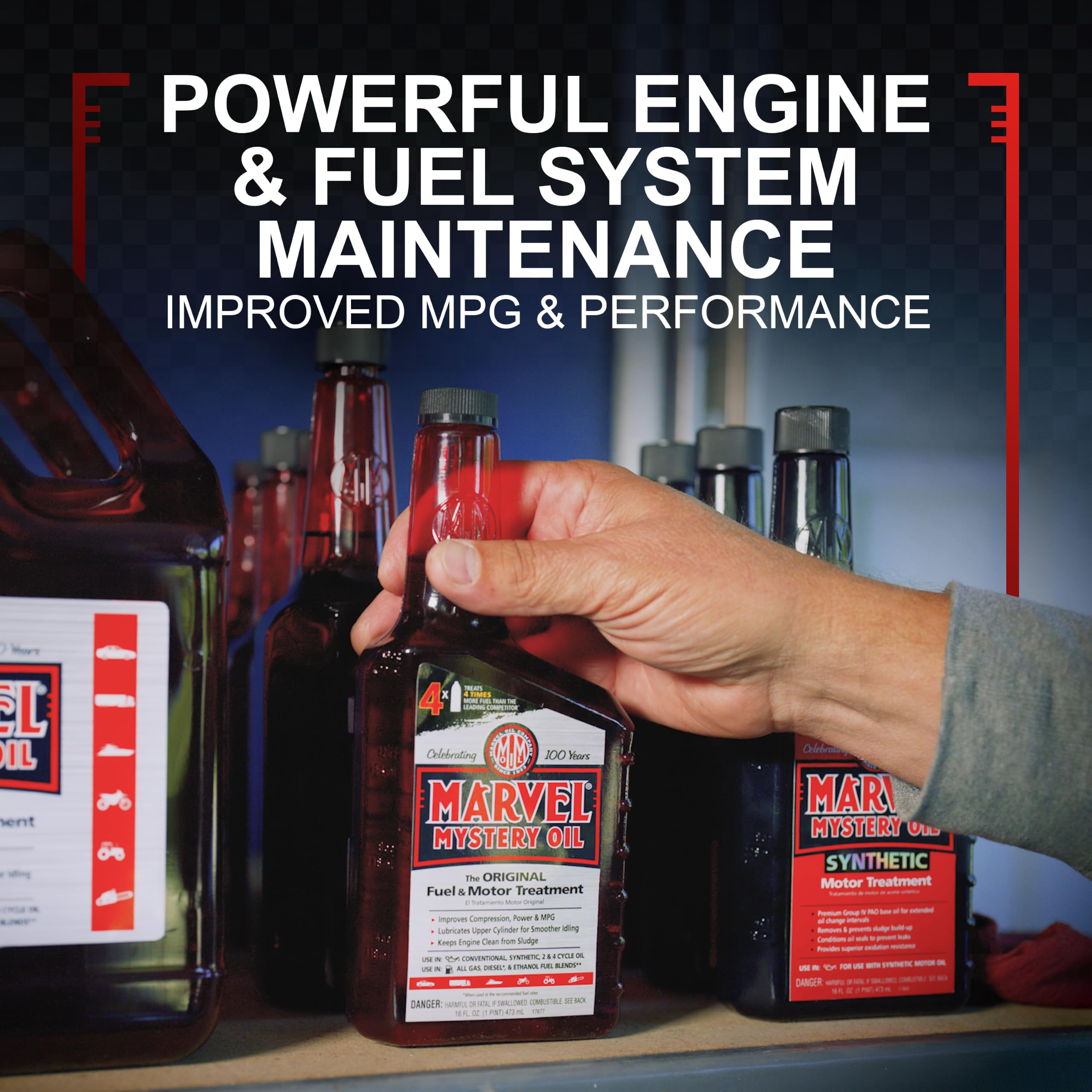 Red transparent Marvel Mystery Oil Original Motor Treatment liquid