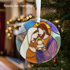 Flat ceramic nativity ornament close view Mary Joseph Baby Jesus