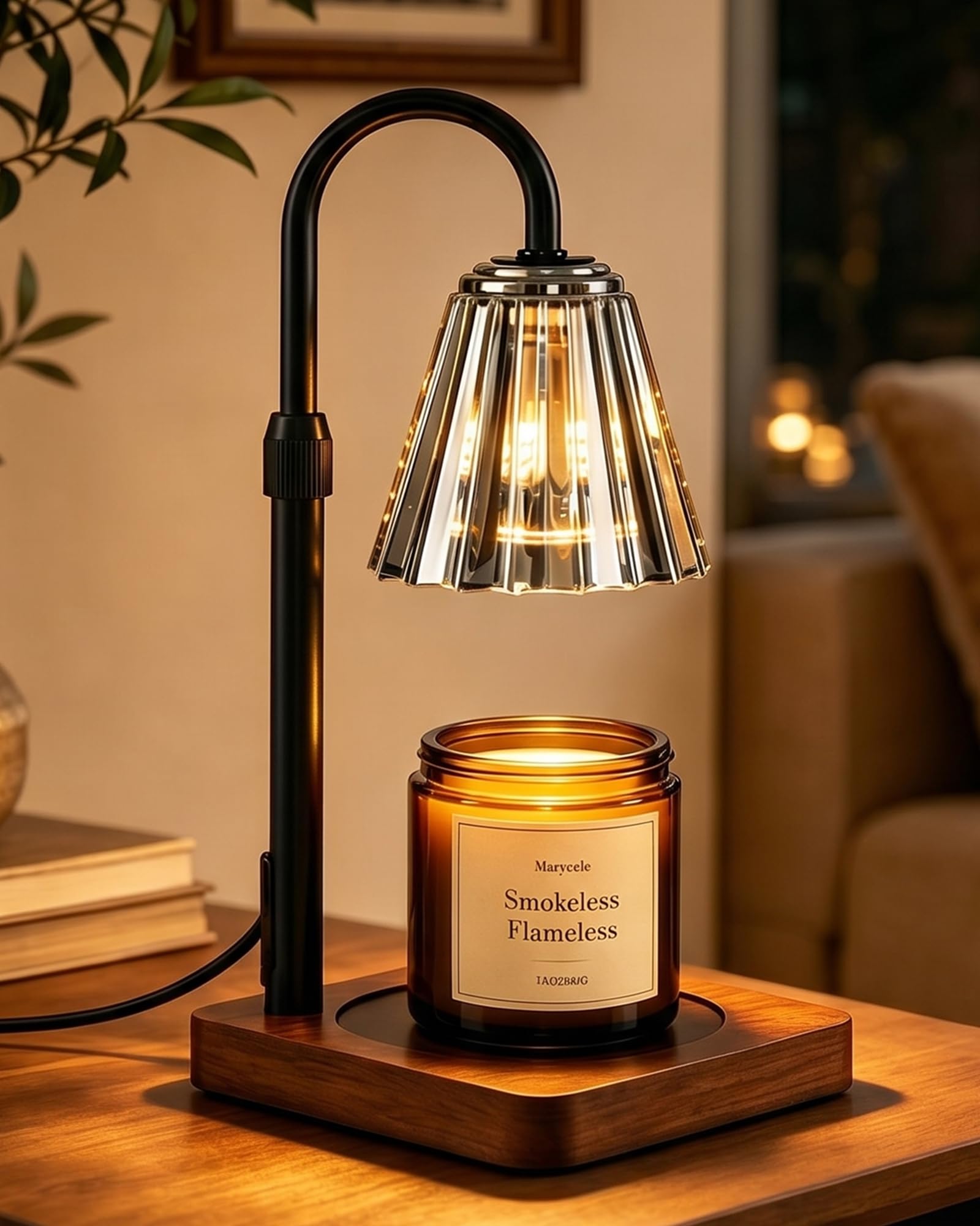 Marycele vintage candle warmer lamp with wooden base and glass shade