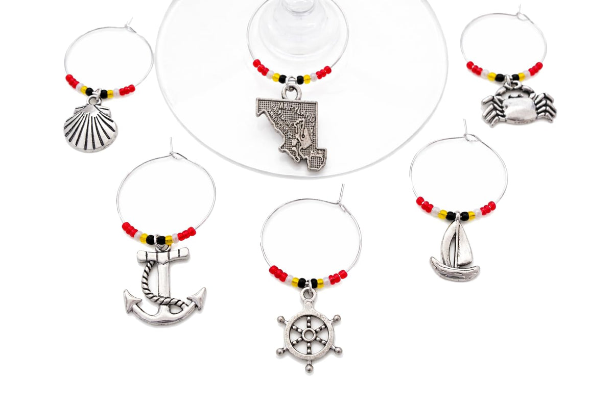 Maryland nautical wine charms set with crab anchor ship wheel lighthouse sailboat motifs