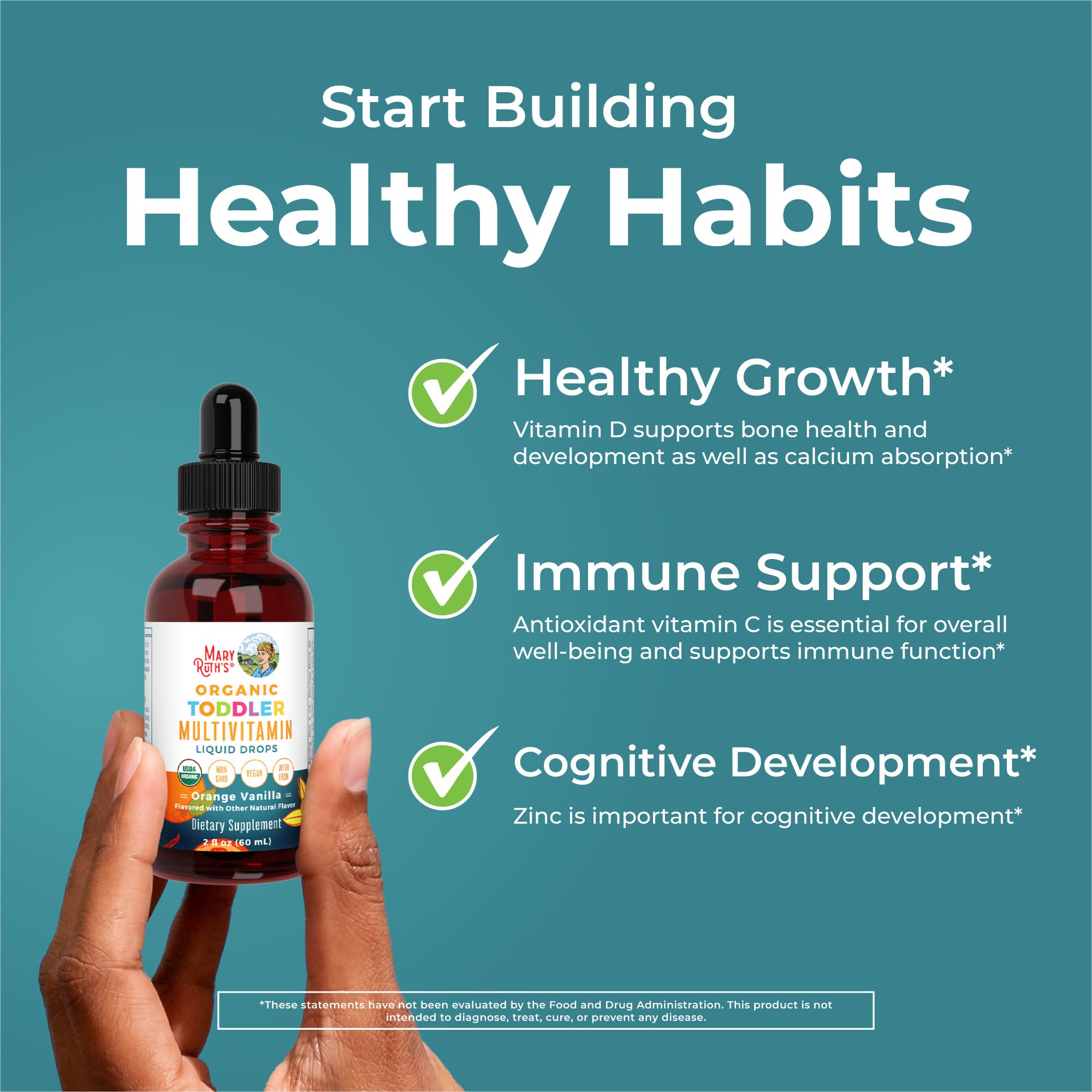 Vitamins A C D E iron and zinc listed for toddler drops
