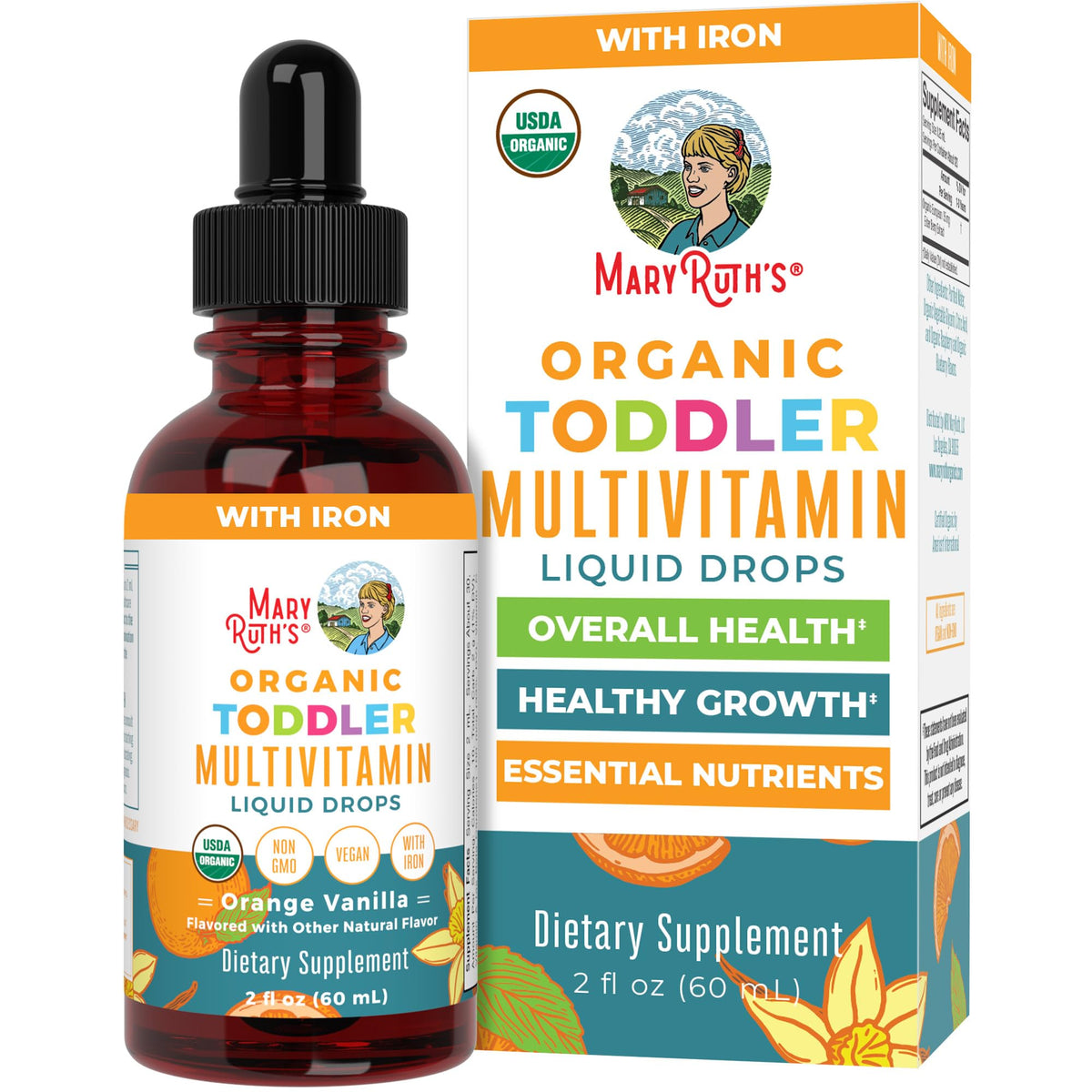MaryRuth's Organic Toddler Multivitamin Drops with Iron bottle label
