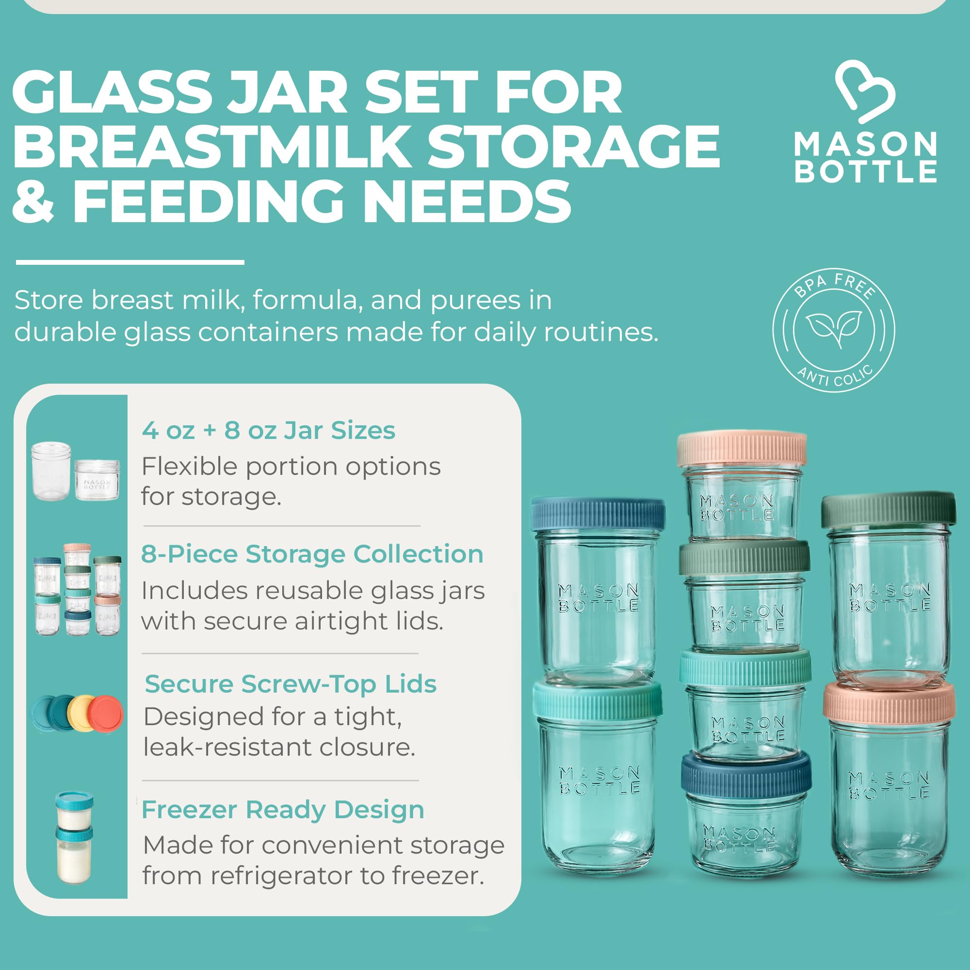 Mason Bottle glass breastmilk storage jar 4oz size with lid