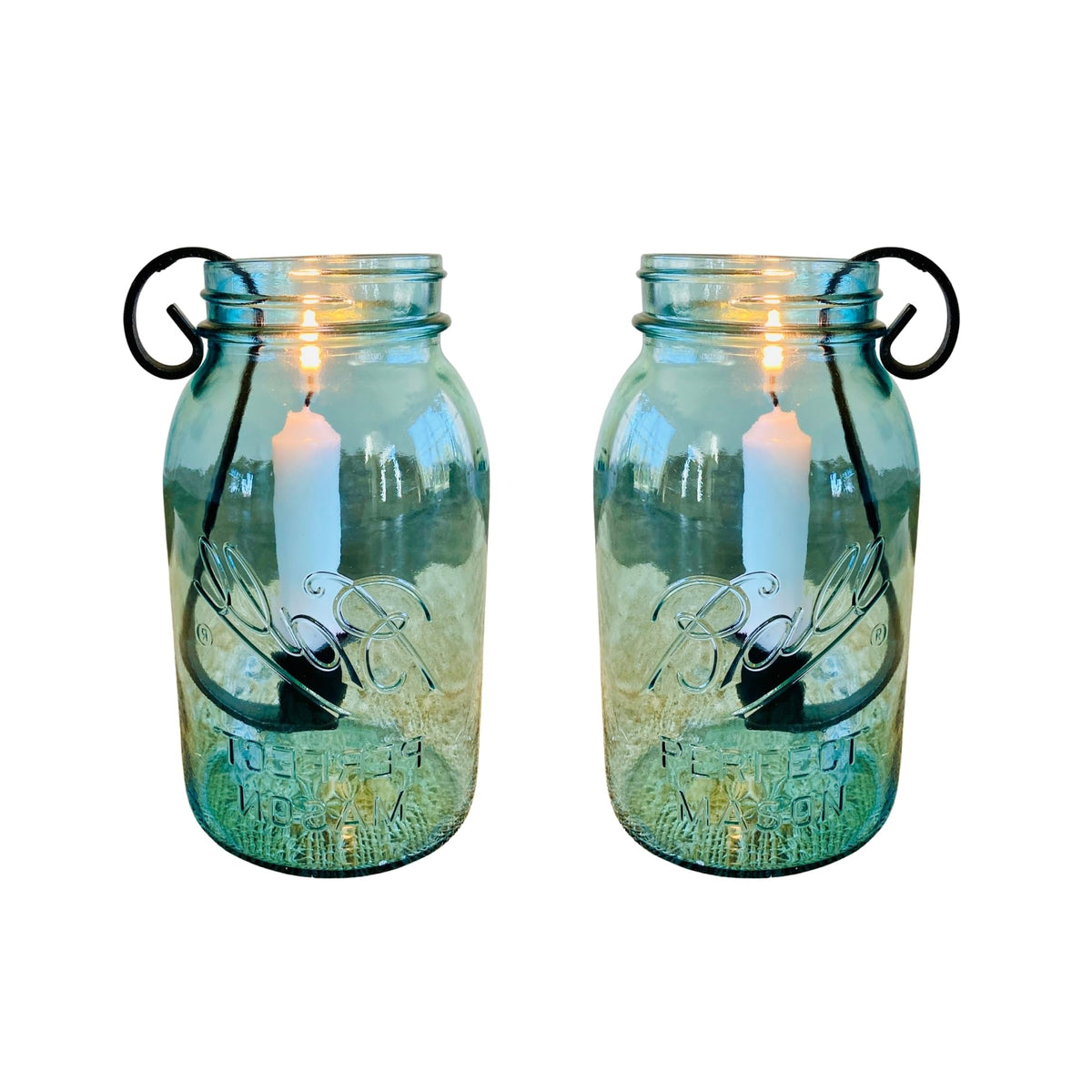 Amish made mason jar candle holder inserts with wrought iron hooks