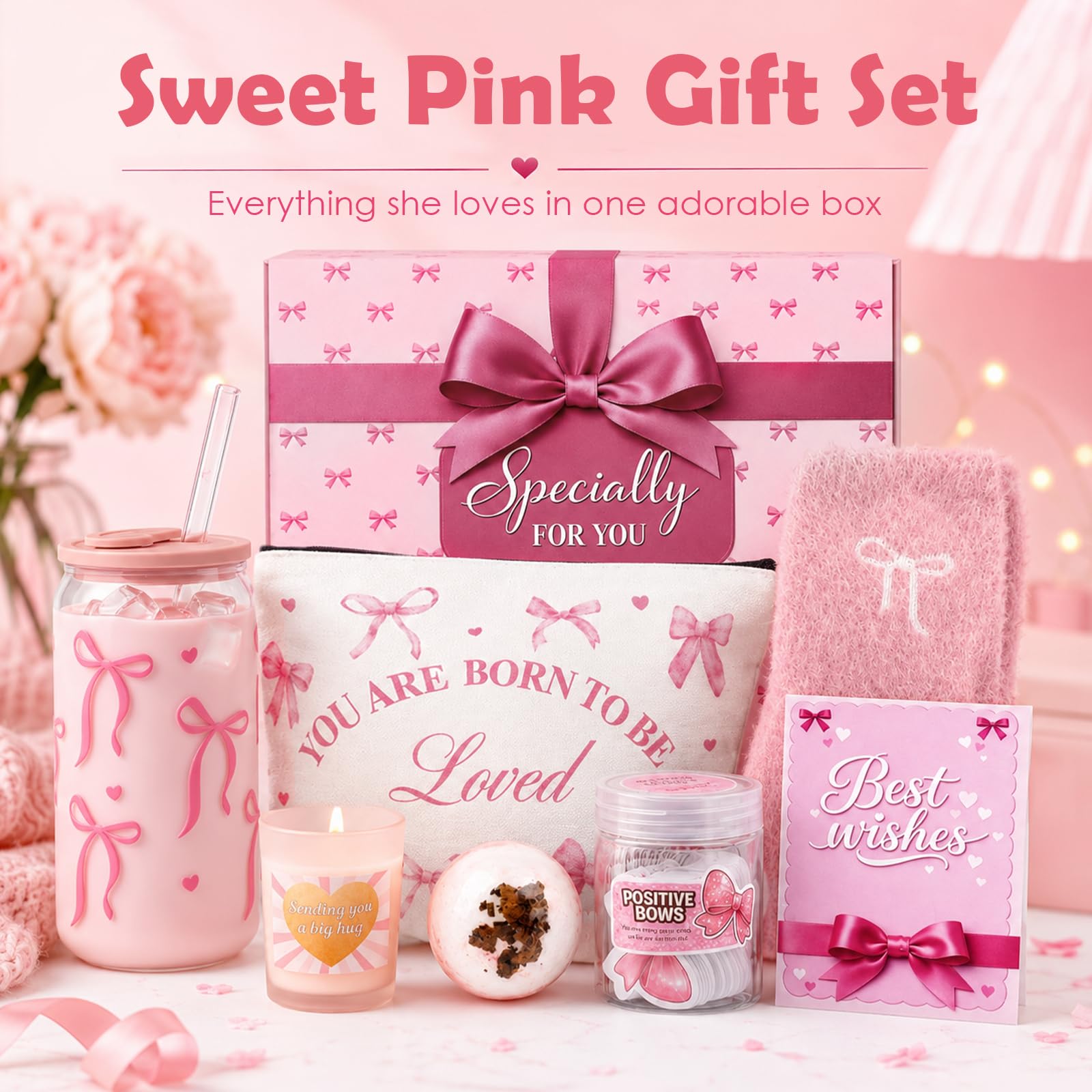 Cute pink bow glass tumbler with lid and straw from gift set