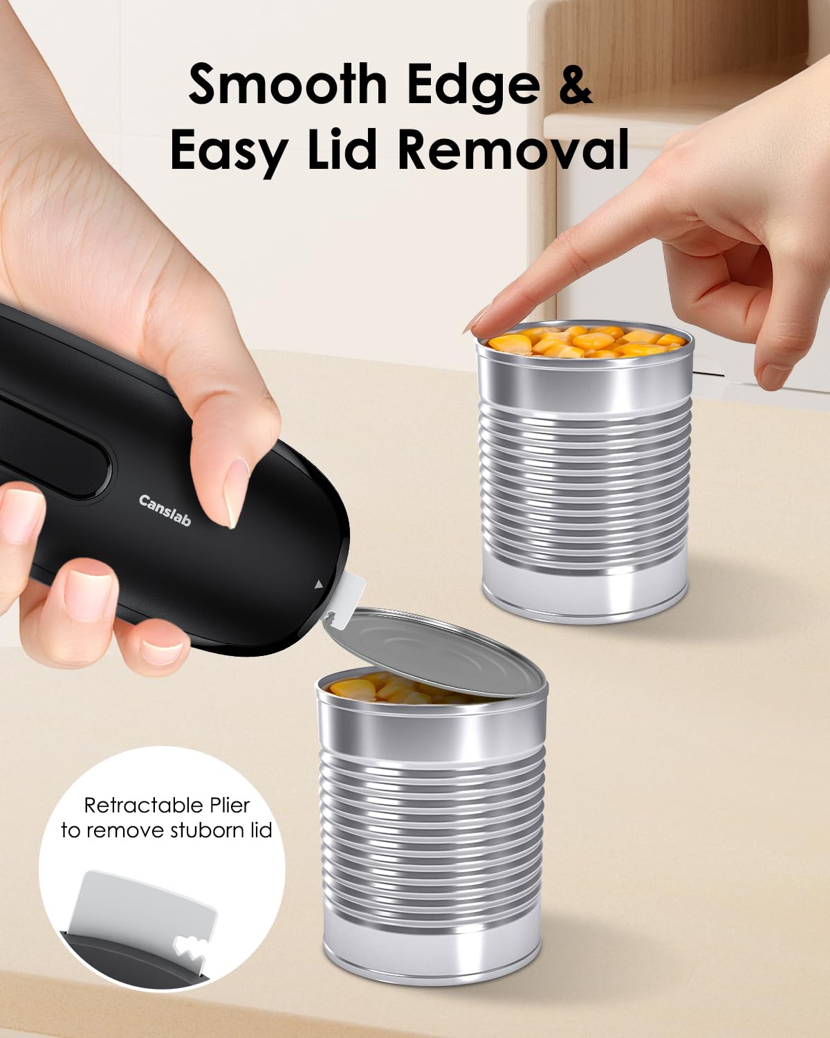 Opens small tuna cans to large tomato cans