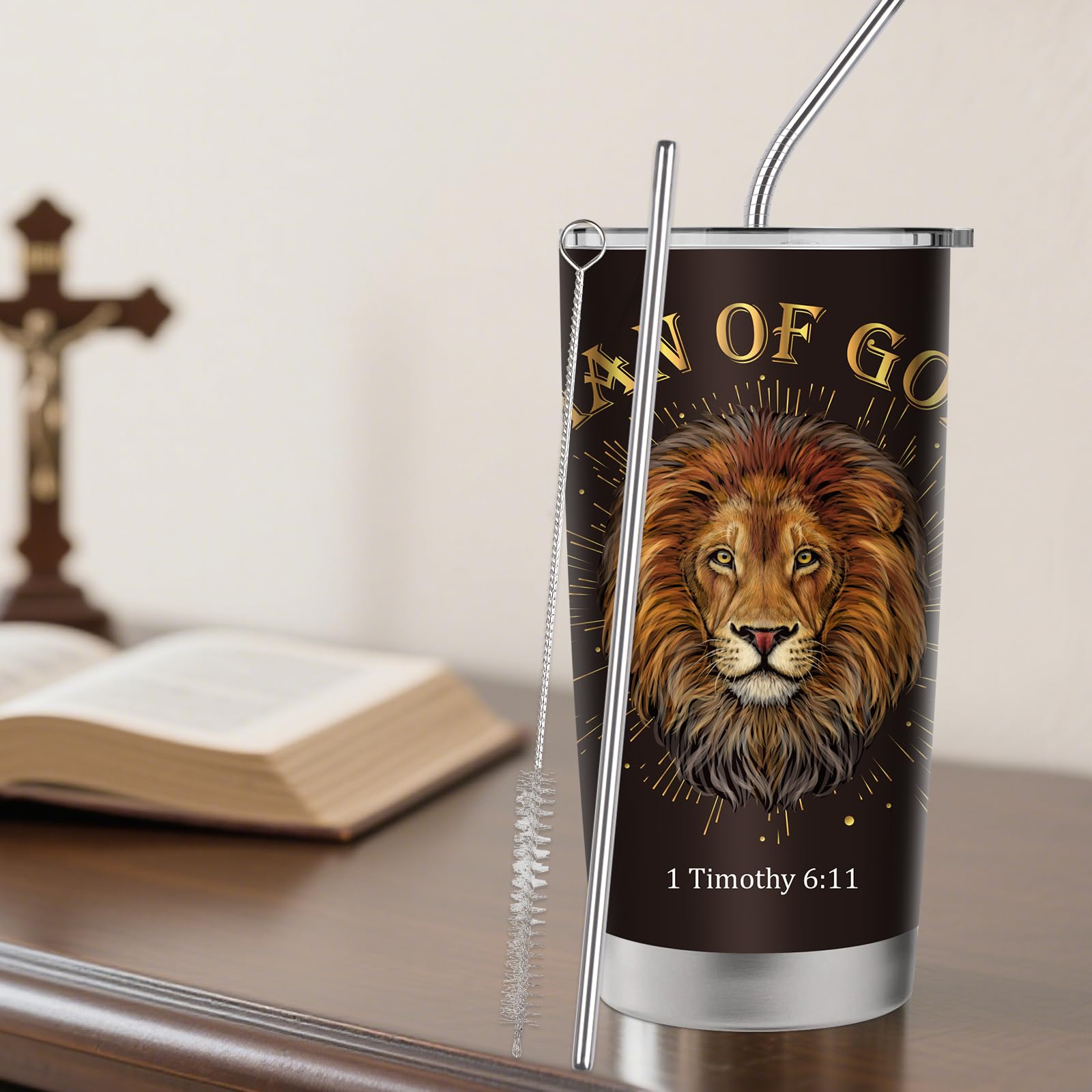 Back of tumbler lists Bible verses for quick scripture access