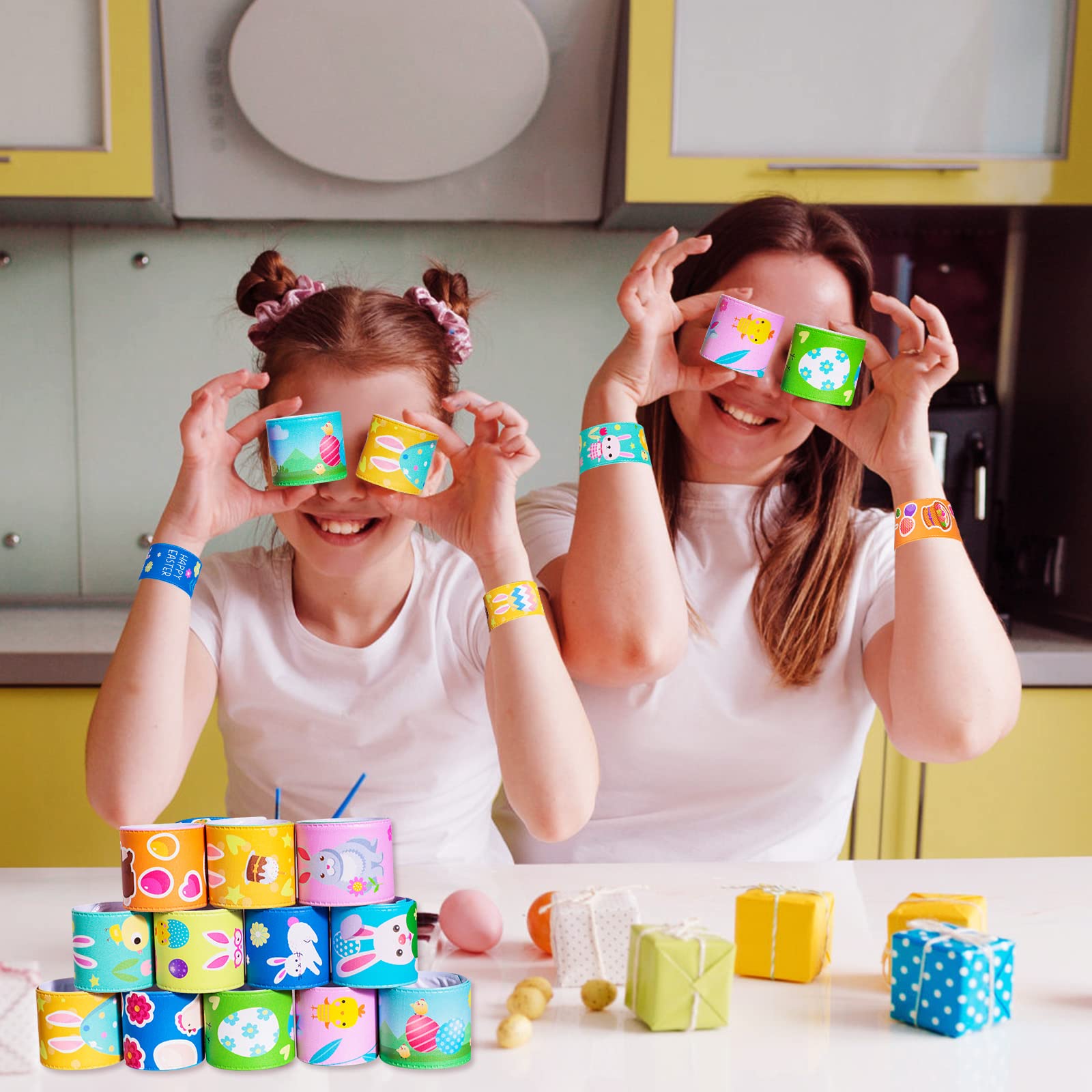 Children wearing Easter slap bracelets as party favors or prizes