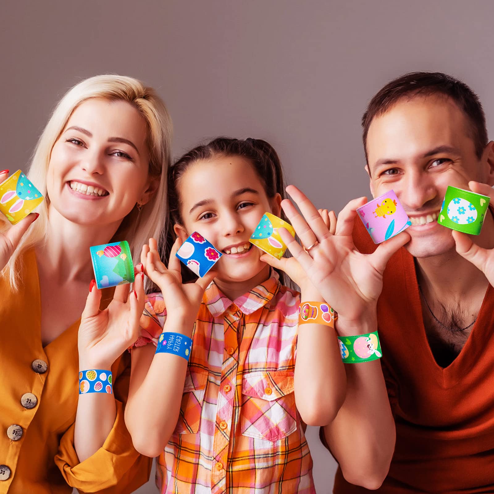 Packaged 48 assorted plastic slap bracelets ready for Easter events