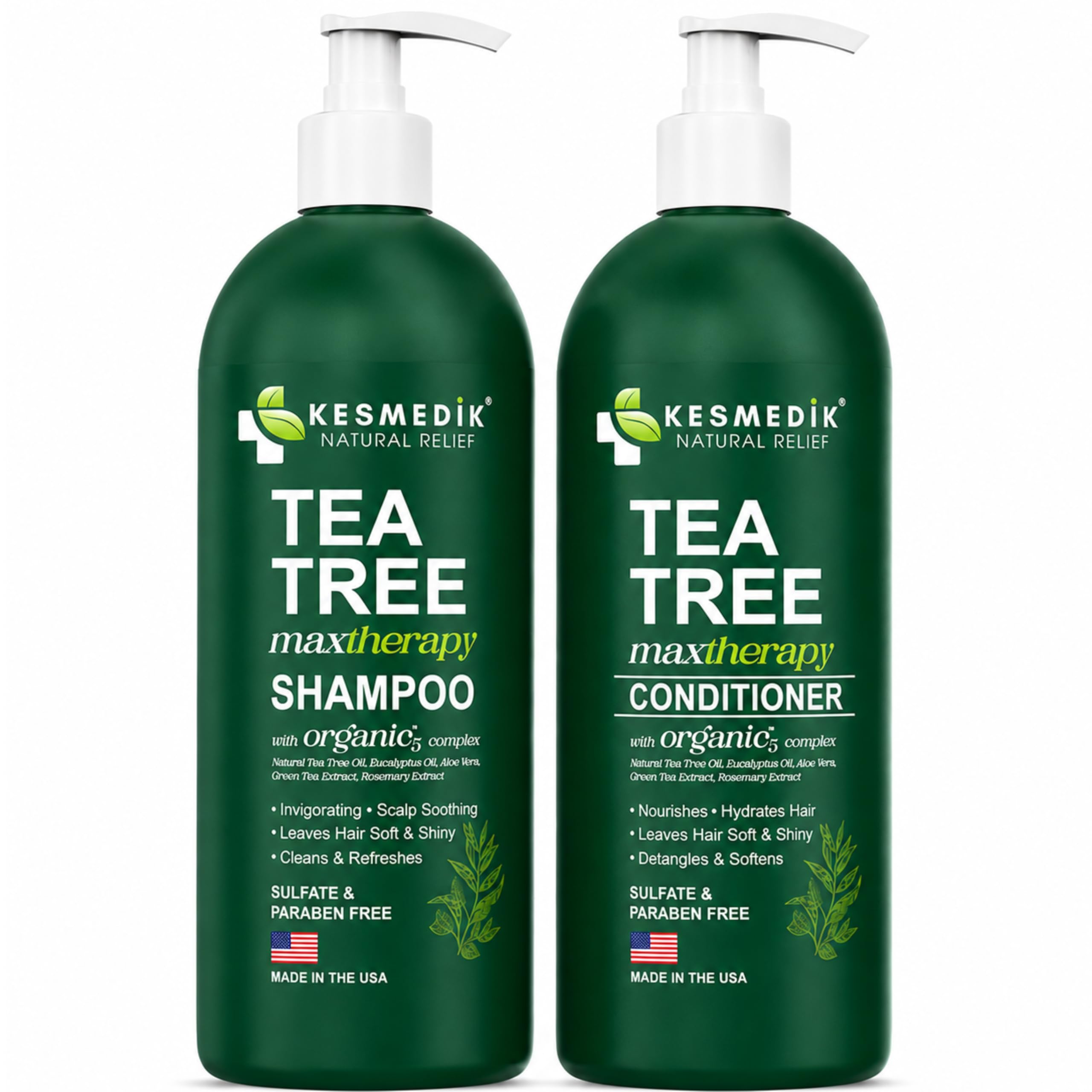 Tea Tree shampoo and conditioner set packaging for all hair types