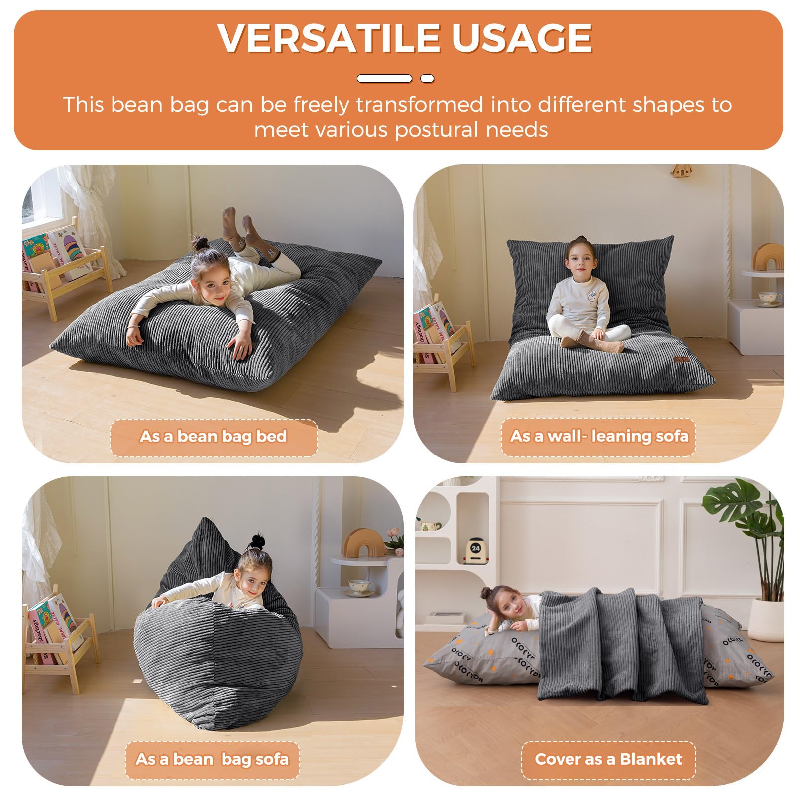 MAXYOYO kids bean bag bed used as floor sofa for reading