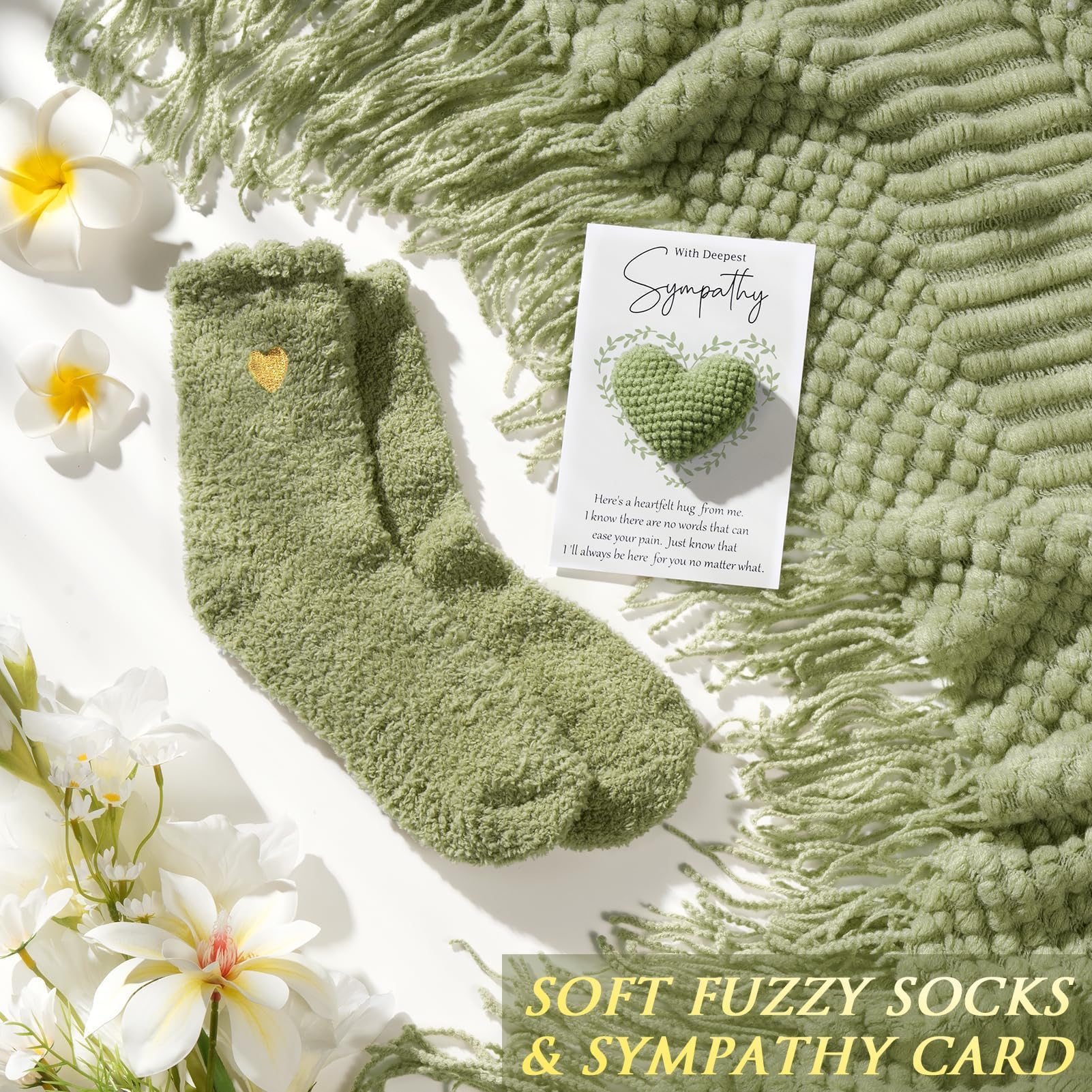 Fuzzy socks and sympathy card with gift box