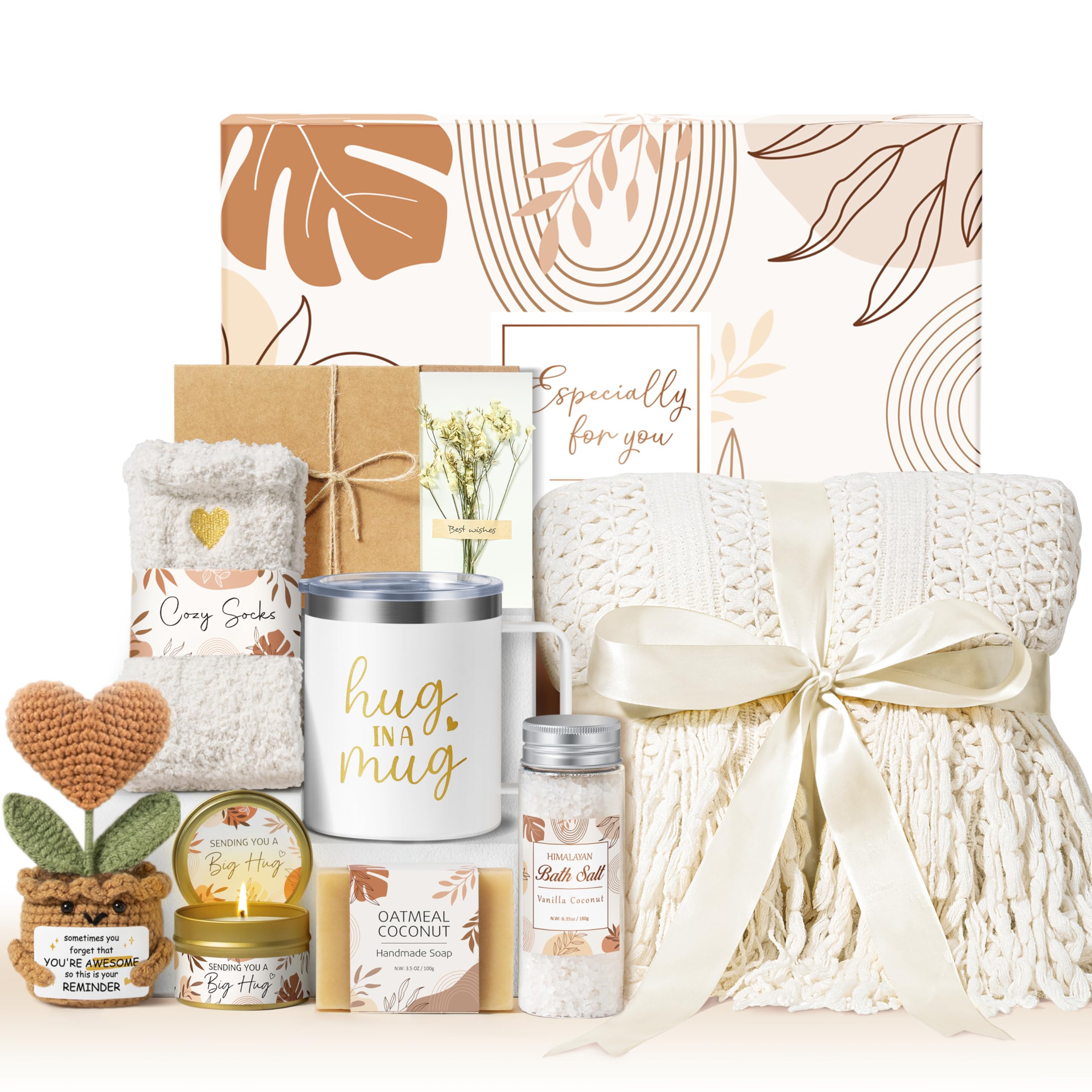 MAYICIVO self care gift baskets for women 9 piece care package including blanket and tumbler