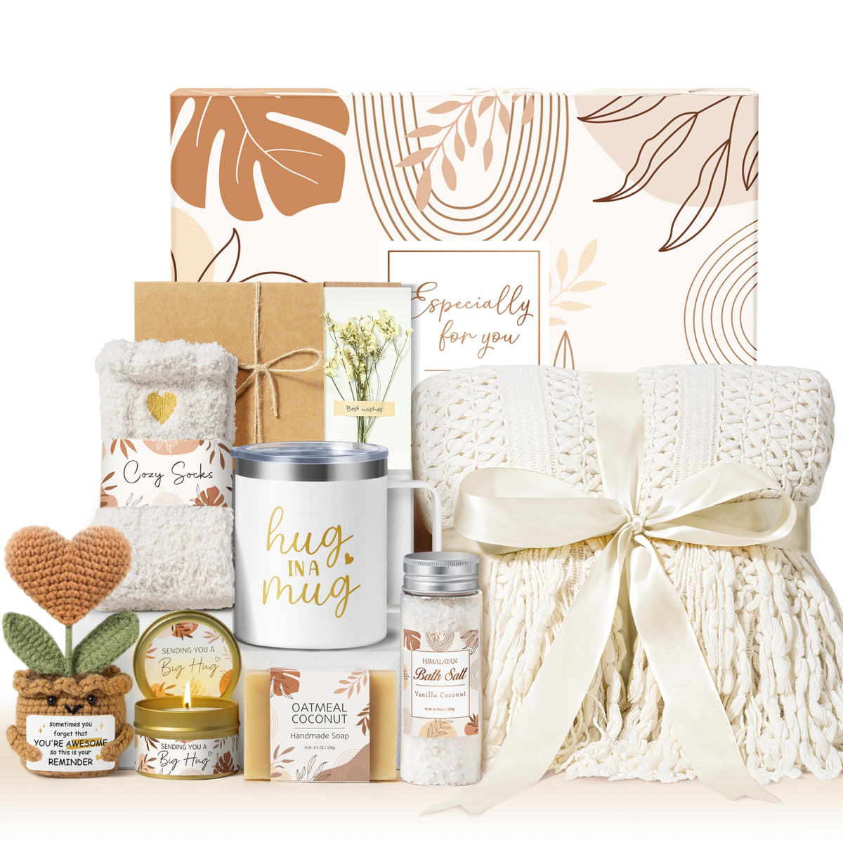 MAYICIVO self care gift baskets for women 9 piece care package including blanket and tumbler